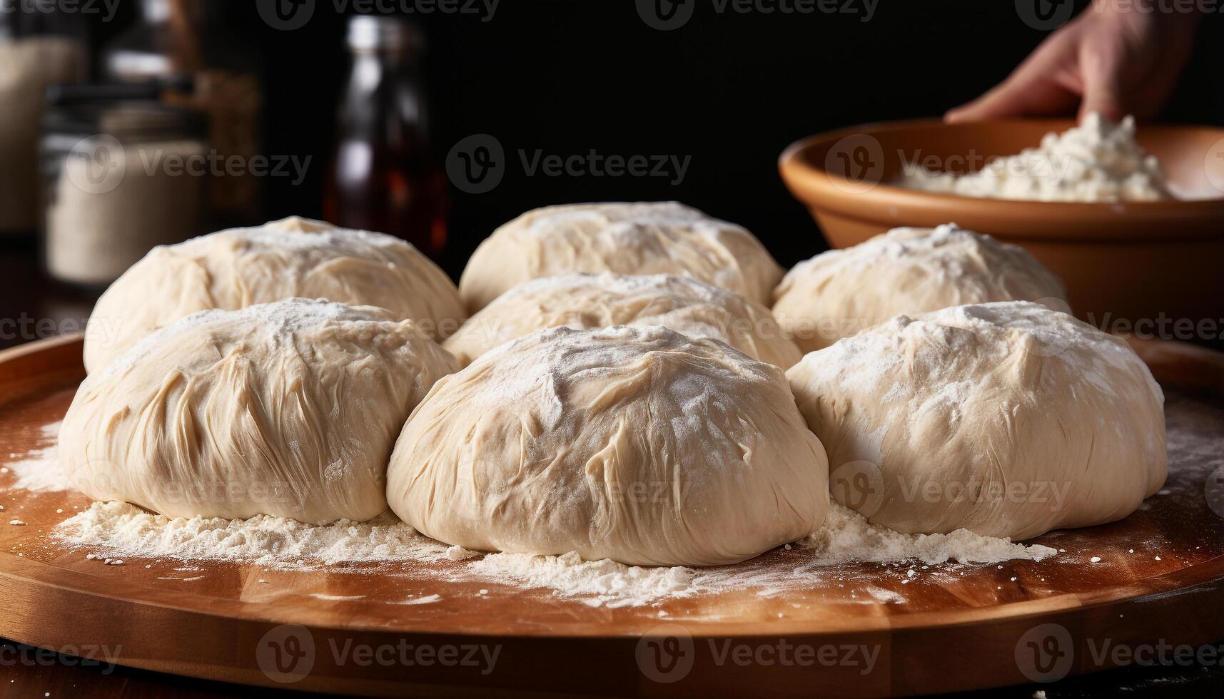 AI generated Freshly baked homemade bread on wooden table, close up preparation generated by AI photo