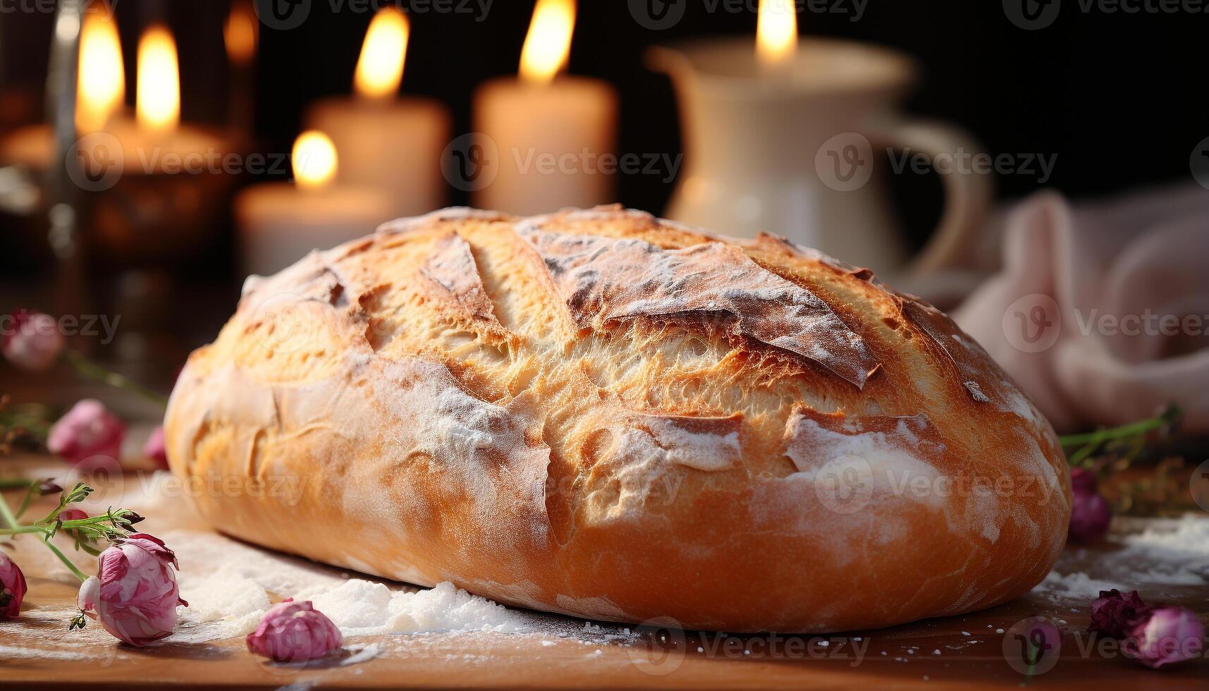 AI generated Freshly baked bread on wooden table, candle flickers nearby generated by AI photo