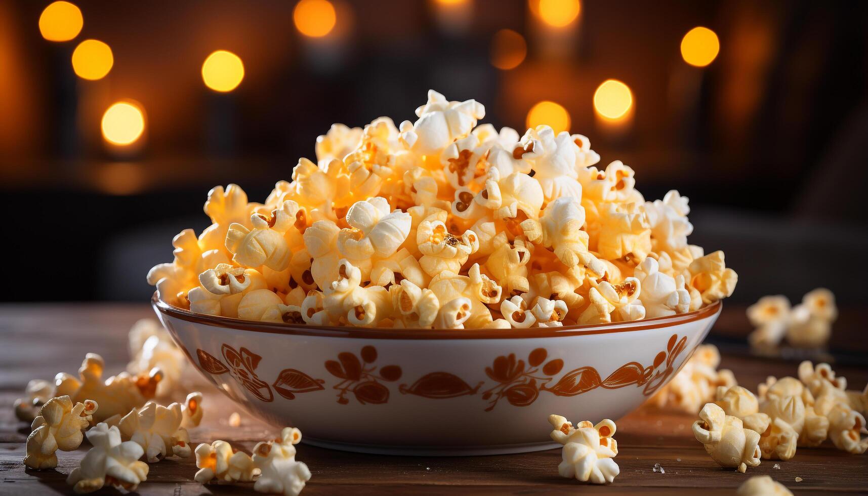 AI generated Fresh popcorn on wooden table, perfect movie night snack generated by AI photo