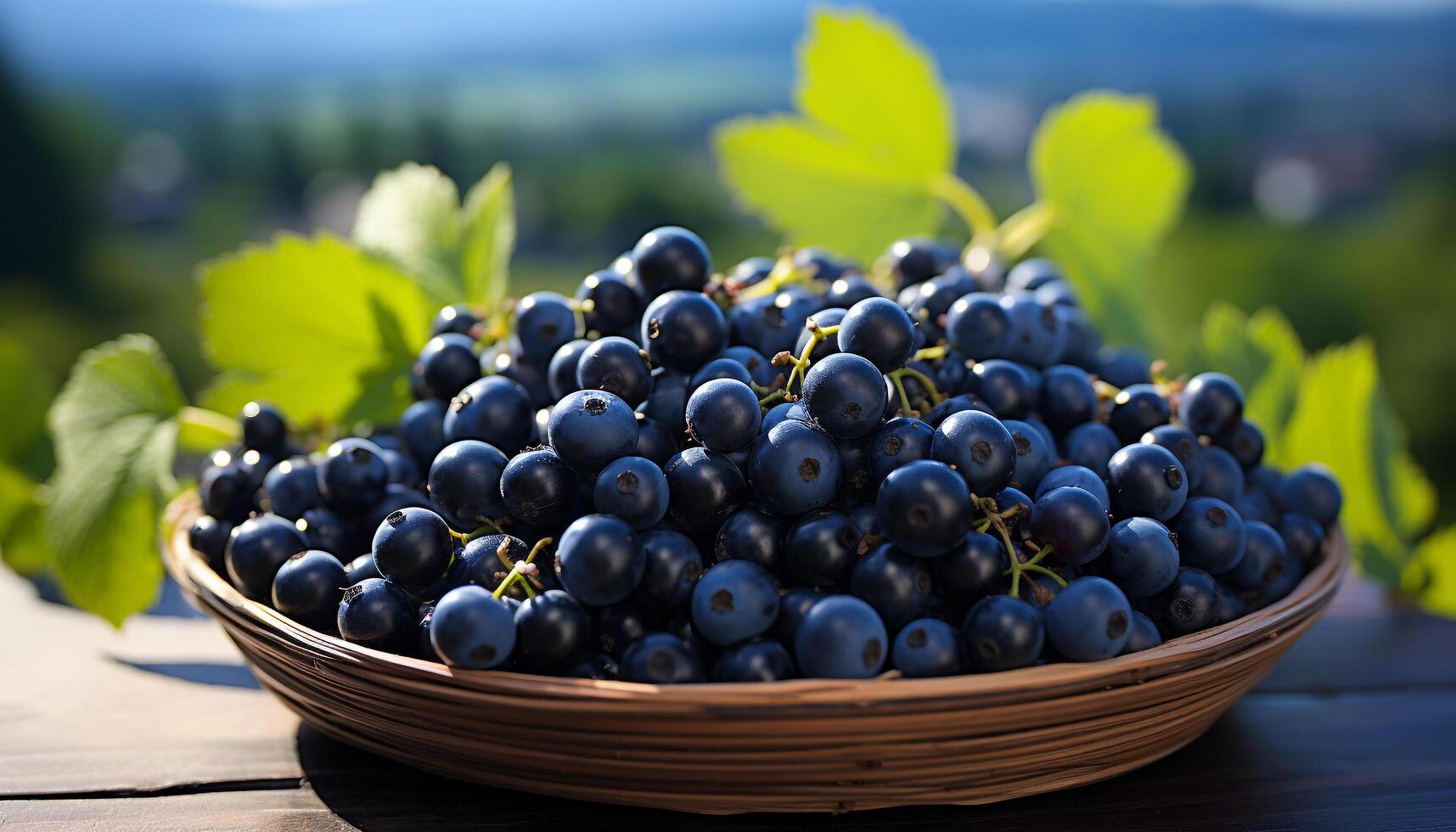 AI generated Freshness of ripe blueberries on wooden table, nature healthy snack generated by AI photo