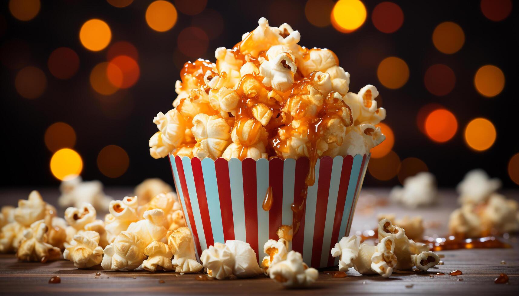 AI generated Fresh popcorn in a striped bucket, perfect movie theater snack generated by AI photo