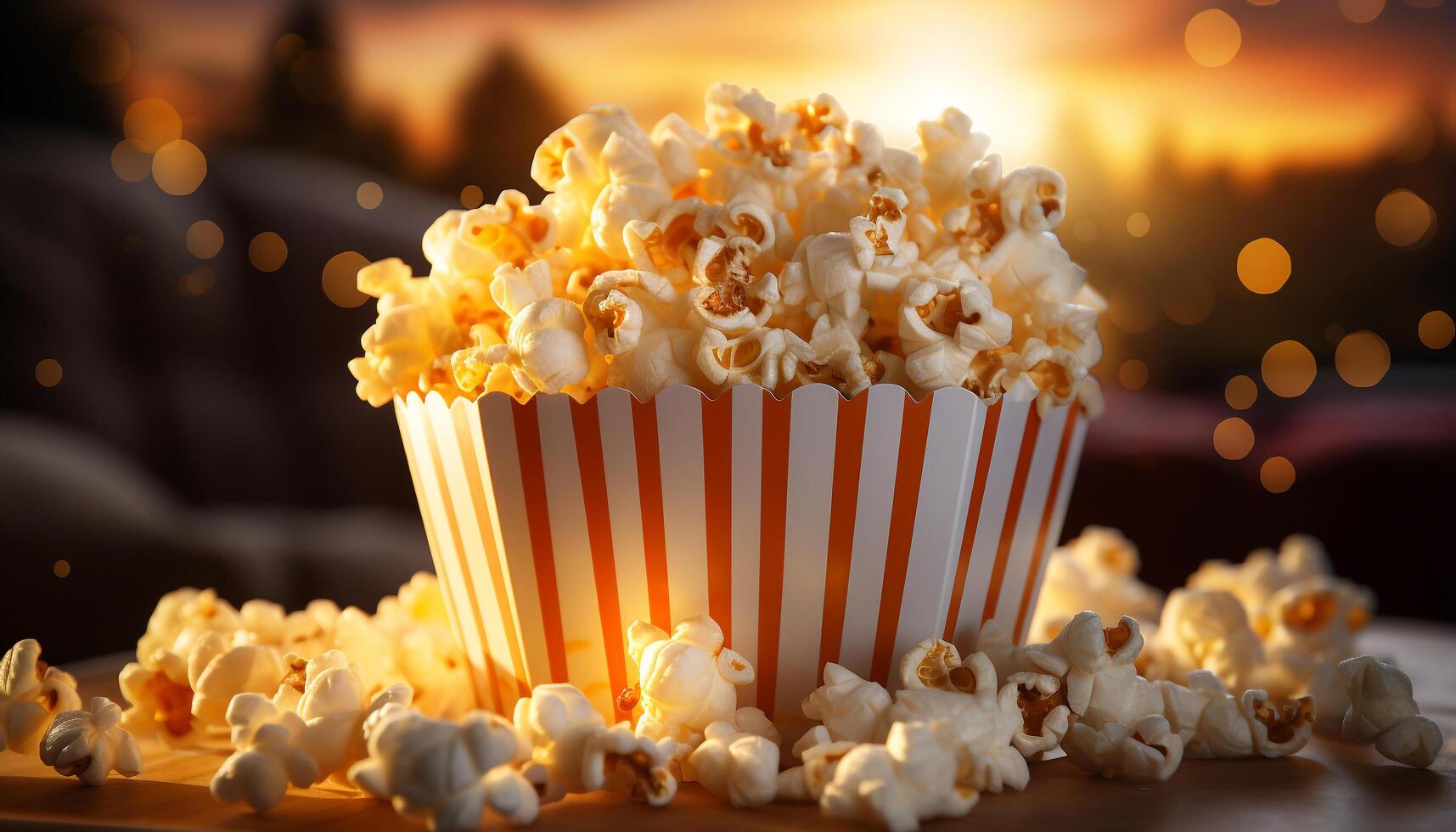 AI generated Fresh popcorn in yellow box, perfect snack for movie night generated by AI photo
