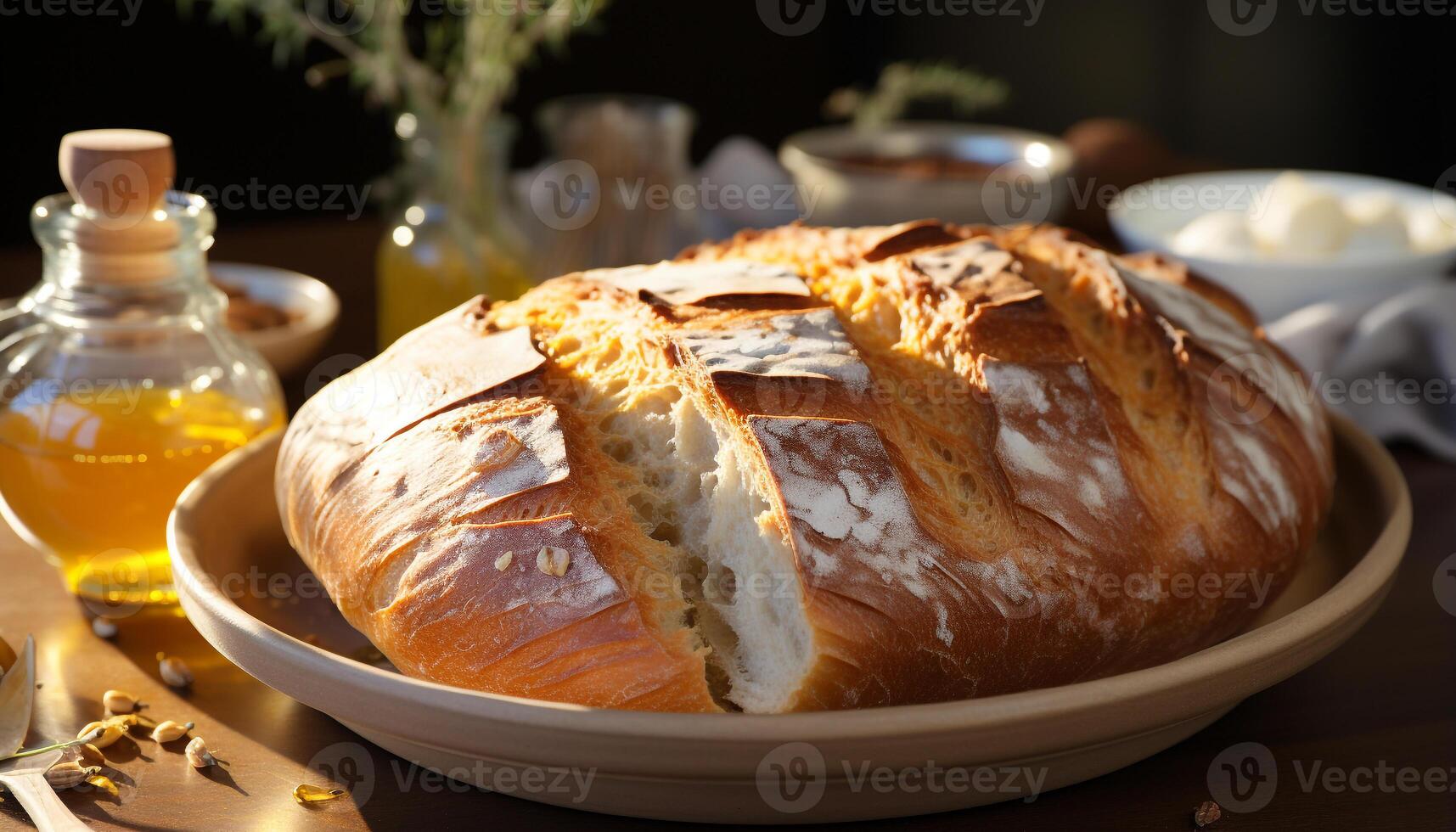 AI generated Freshly baked ciabatta, a homemade meal of pork and bread generated by AI photo