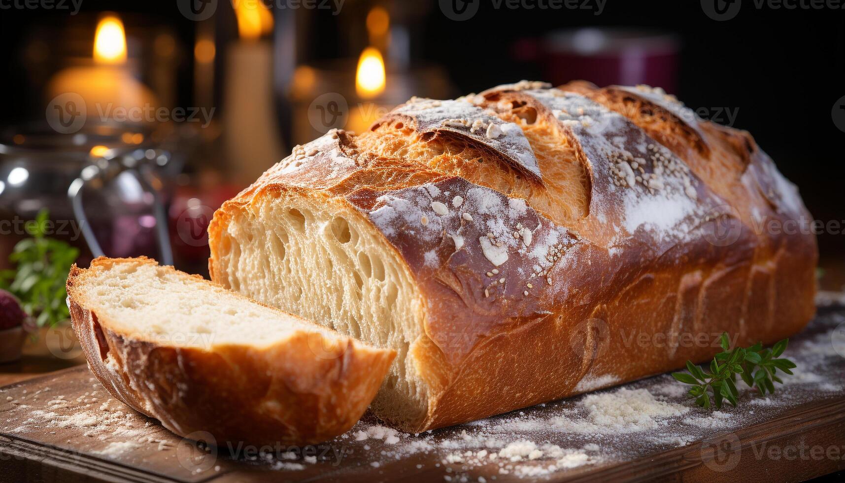 AI generated Freshly baked bread on wooden table, ready to eat gourmet meal generated by AI photo