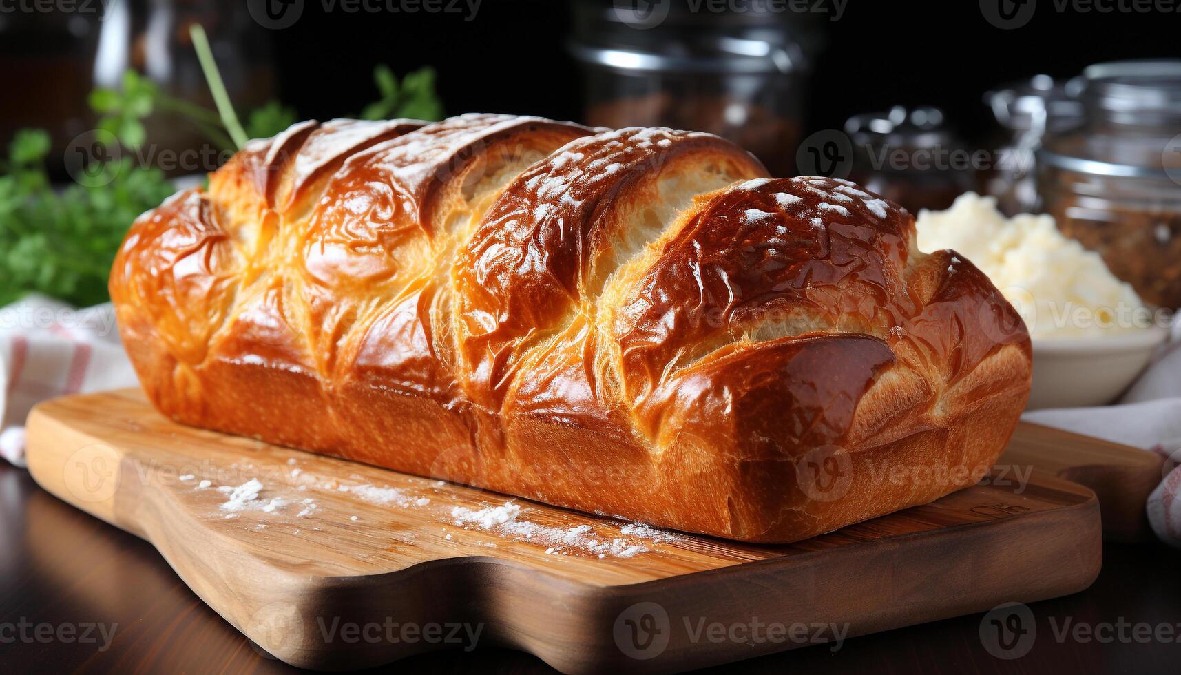 AI generated Freshness of homemade bread on wooden table, ready to eat meal generated by AI photo