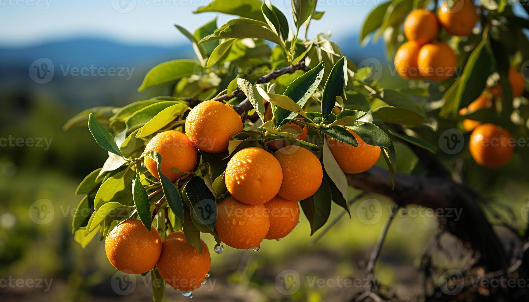 AI generated Fresh citrus fruit on green tree in sunny orchard generated by AI photo