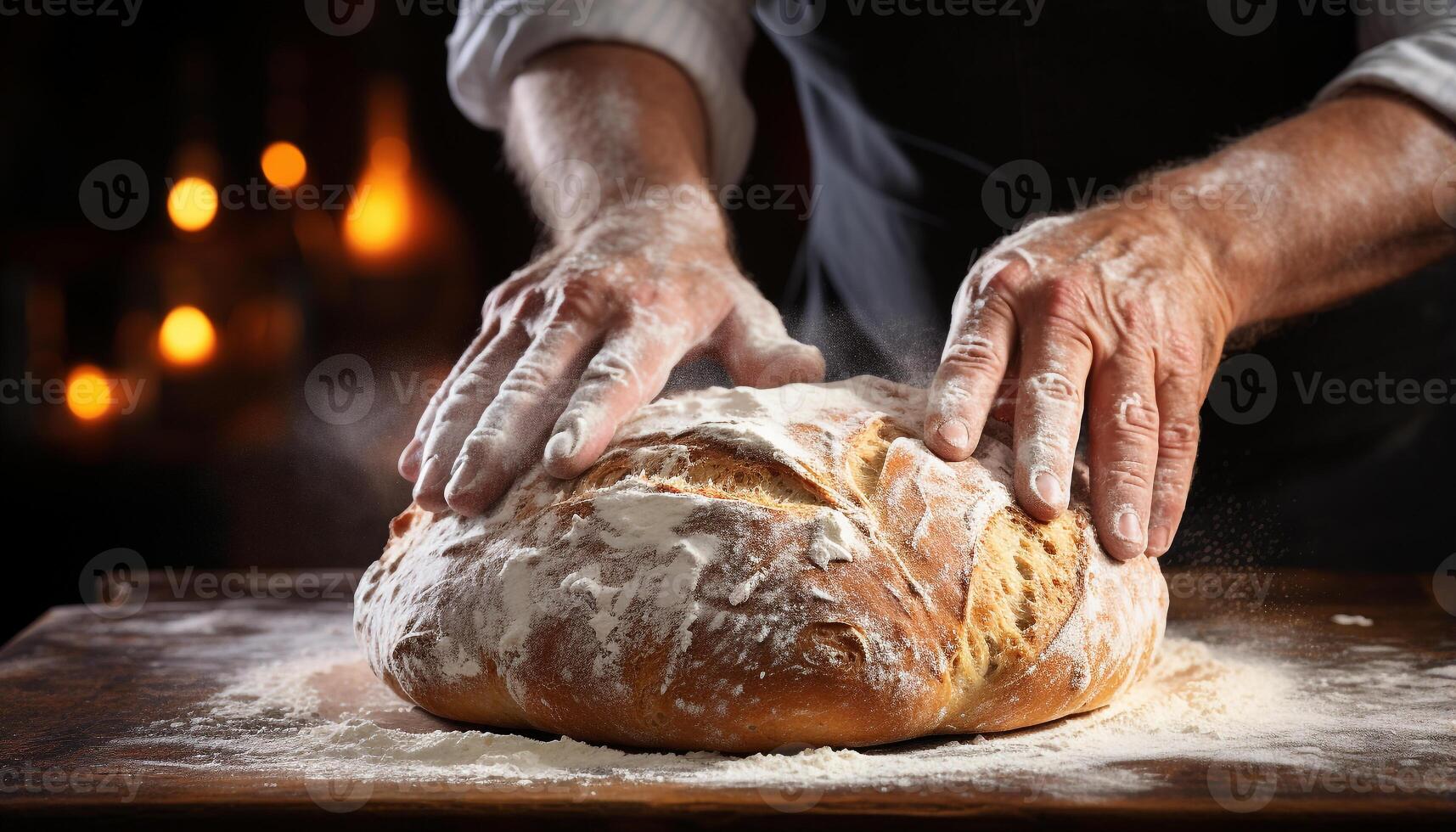 AI generated A baker hand kneading homemade dough on wooden table generated by AI photo