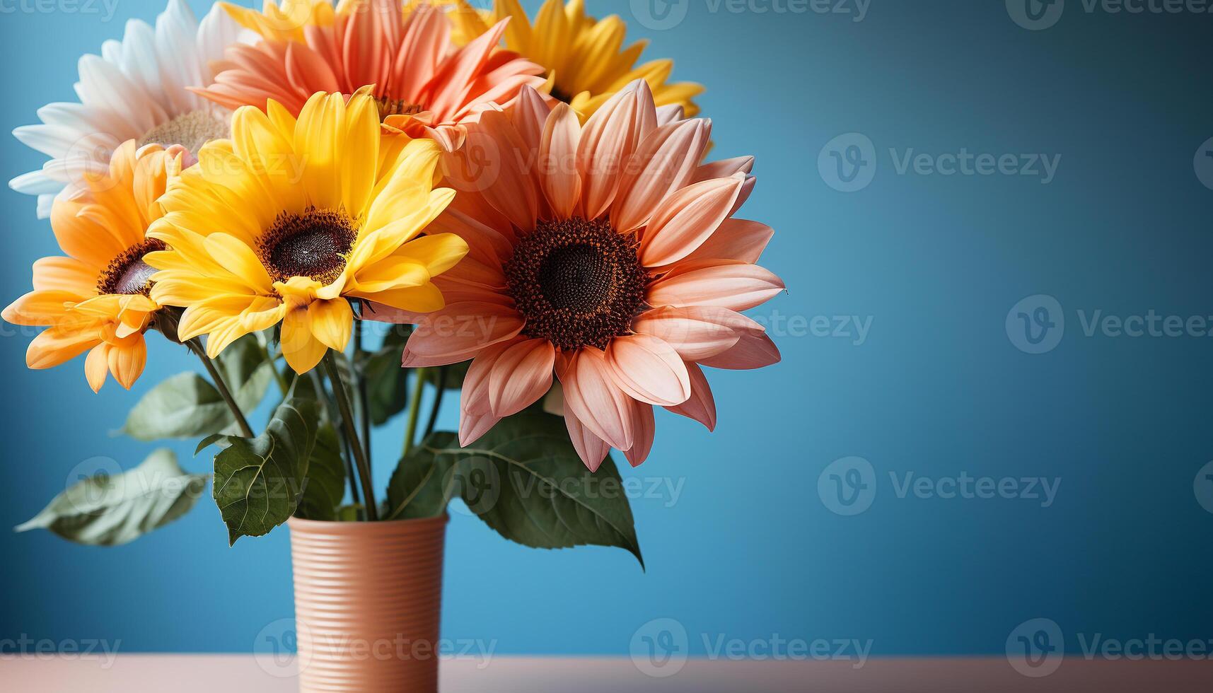 AI generated A vibrant bouquet of yellow sunflowers brings summer indoors generated by AI photo