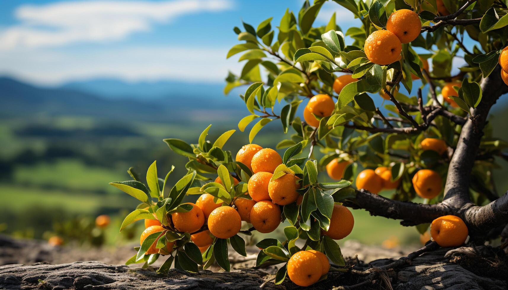 AI generated Fresh citrus fruit on tree, ripe and healthy, outdoors generated by AI photo