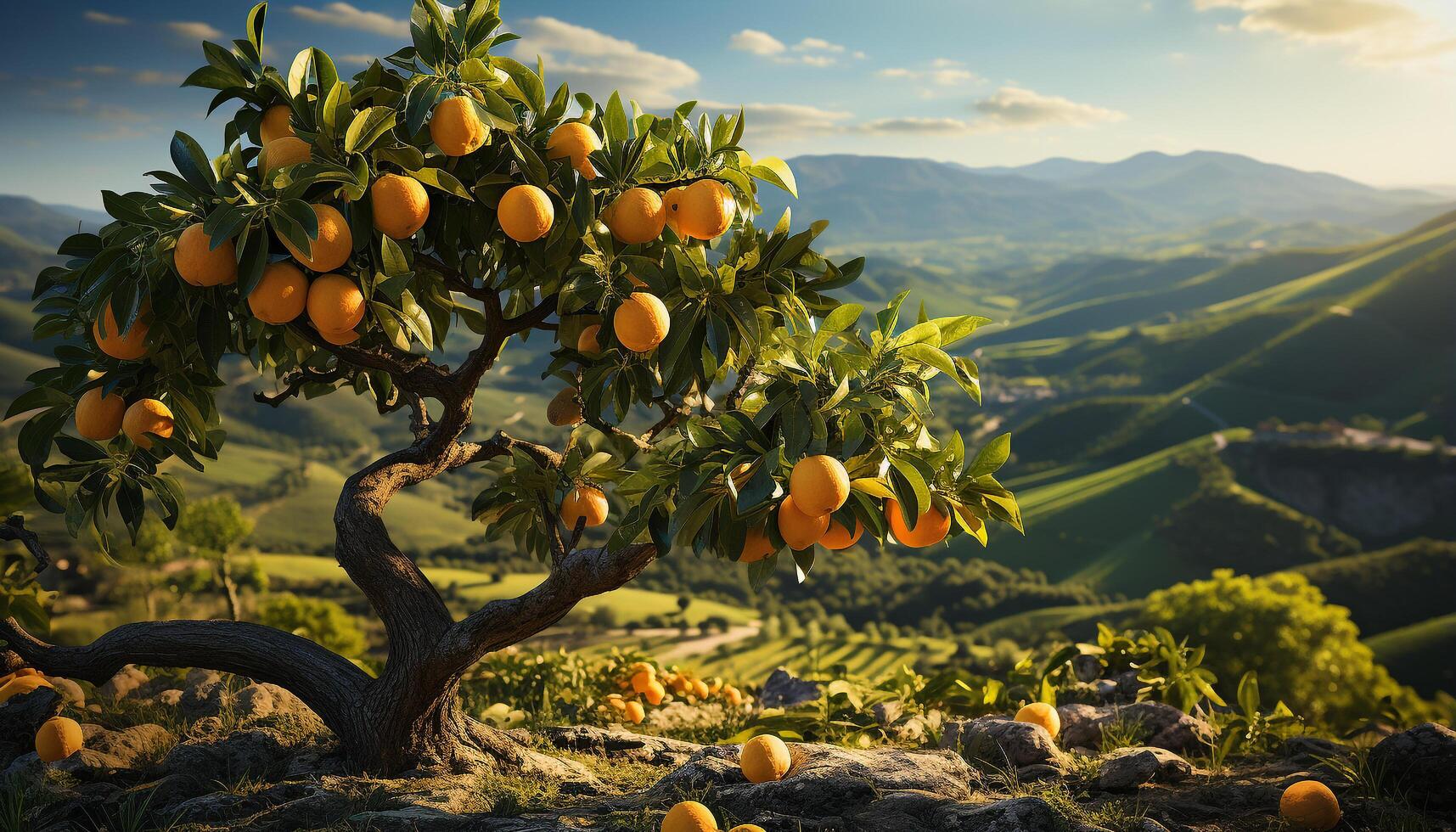 AI generated Fresh citrus fruit on a tree in a sunny orchard generated by AI photo