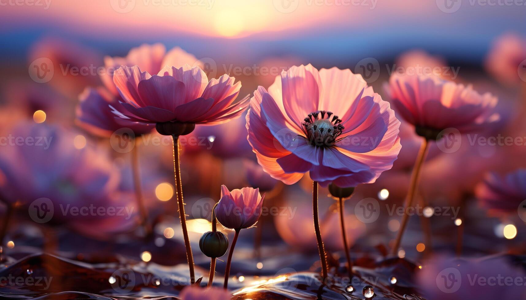 AI generated A vibrant meadow blossoms with colorful flowers at sunset generated by AI photo