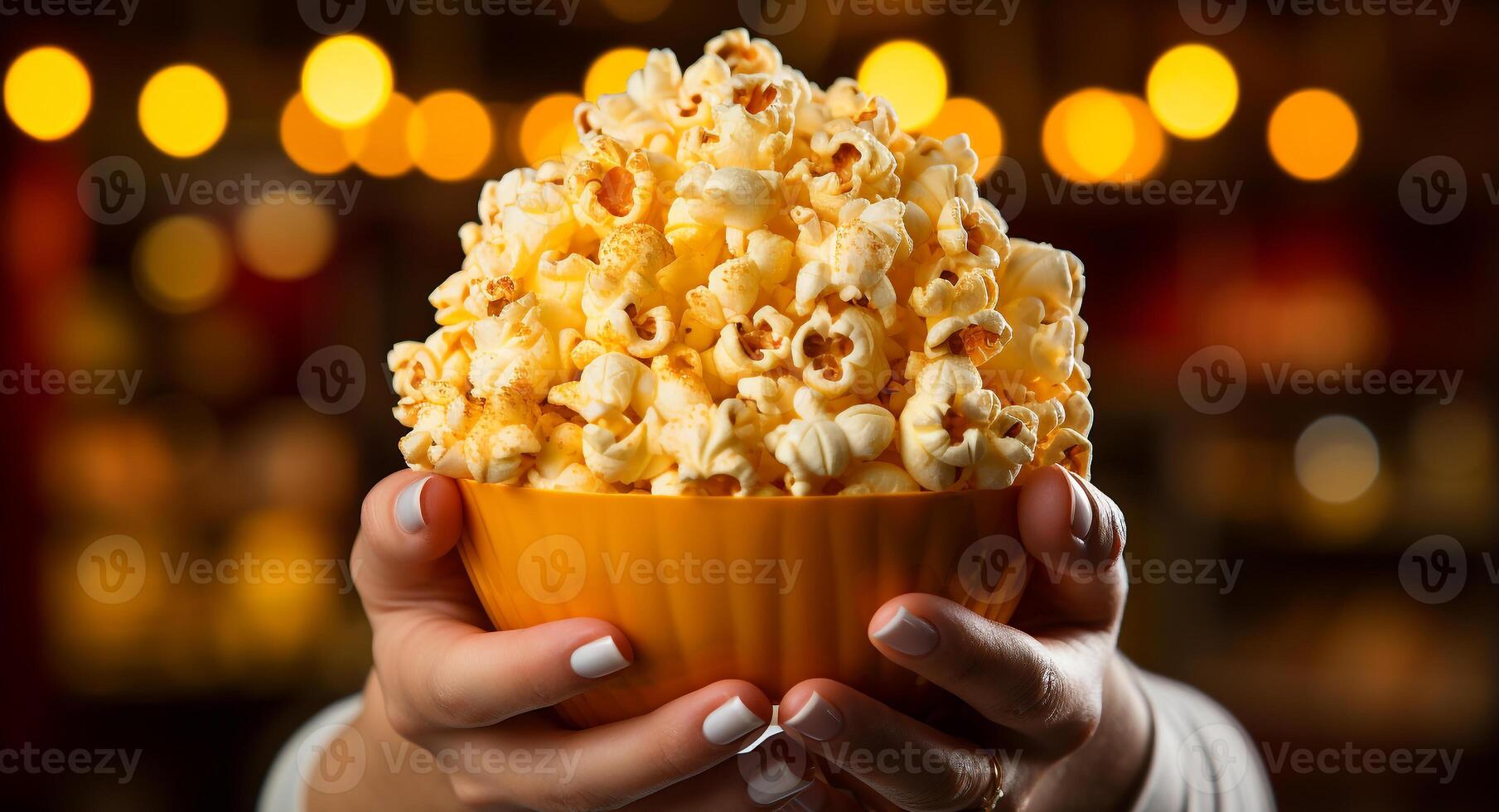 AI generated Young adult holding a snack, enjoying a movie night generated by AI photo