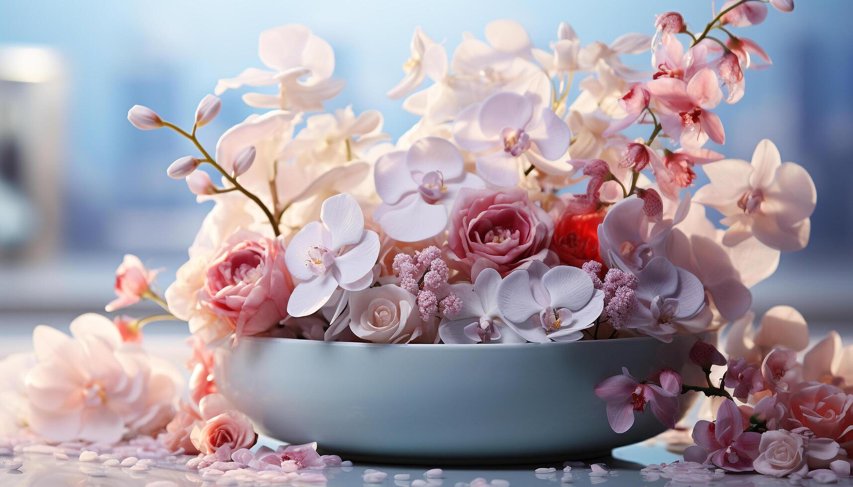 AI generated A beautiful bouquet of fresh pink flowers on a table generated by AI photo