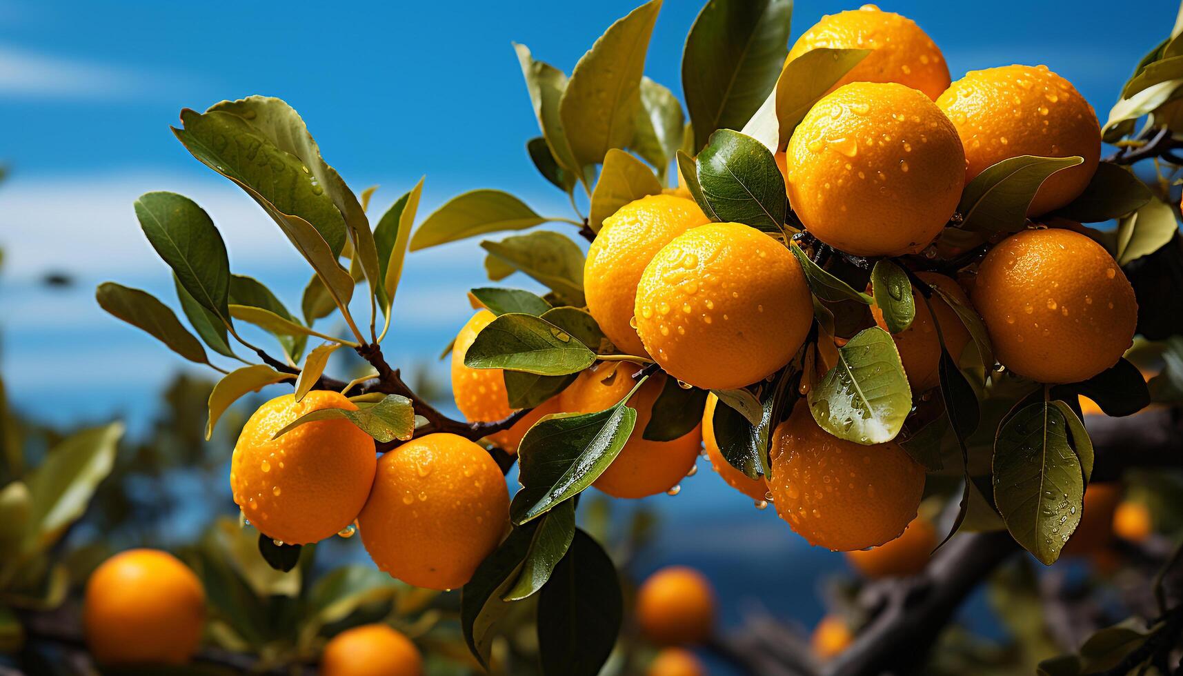 AI generated Fresh citrus fruit hanging from a vibrant orange tree generated by AI photo