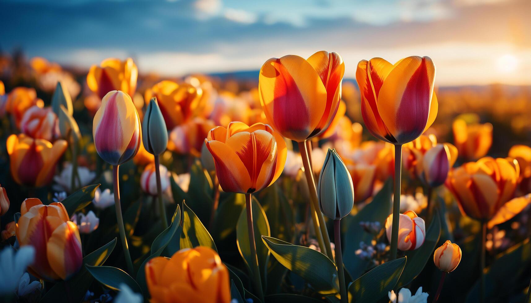 ai generado vibrante tulipán florecer en prado, naturaleza vistoso ramo de flores generado por ai foto