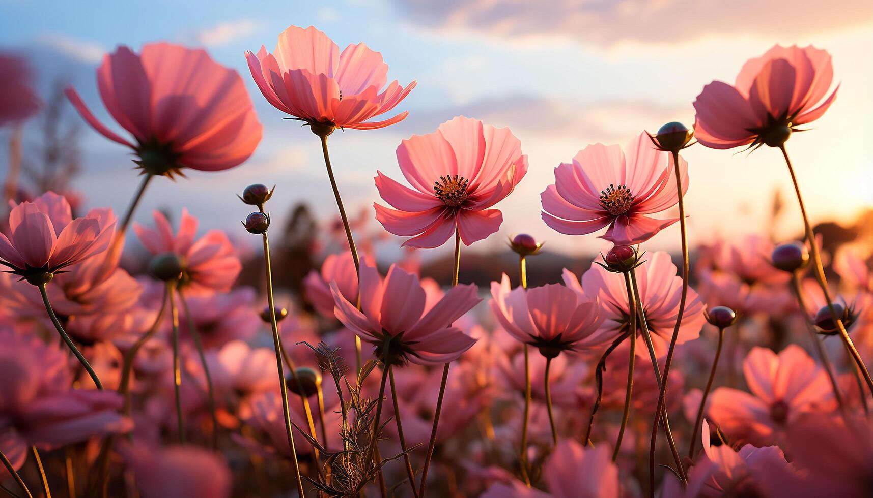 AI generated A vibrant meadow blossoms with colorful flowers at sunset generated by AI photo
