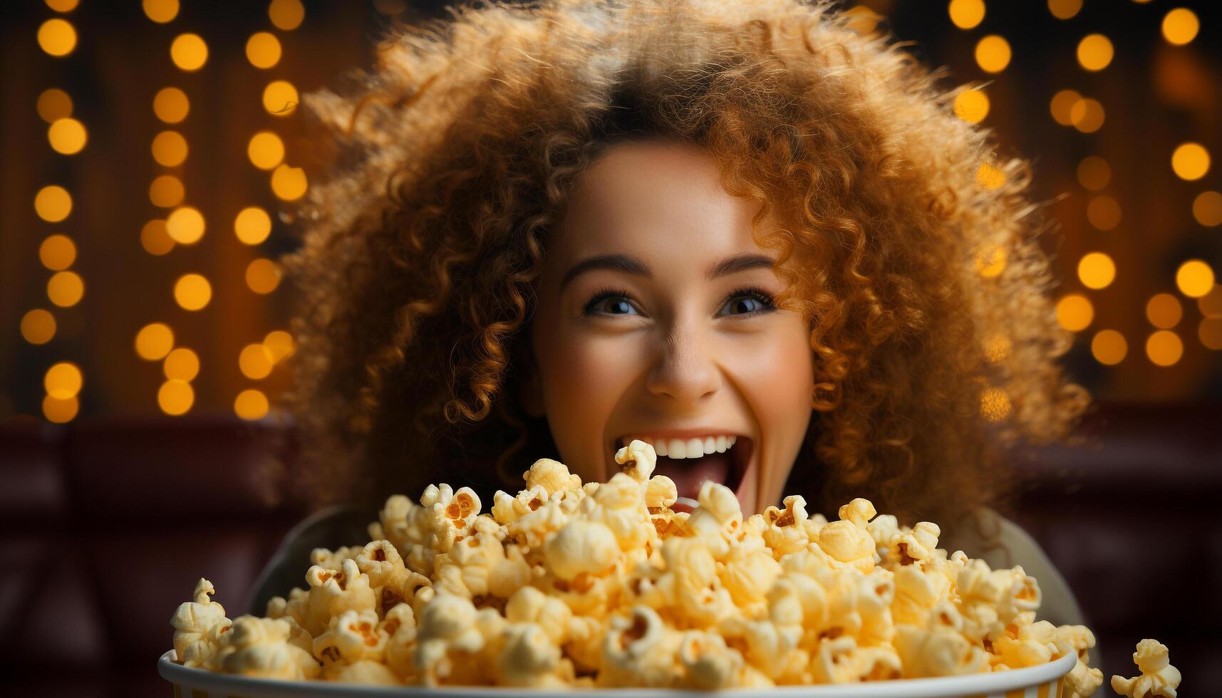 AI generated Young women enjoying food and movie, smiling and laughing generated by AI photo