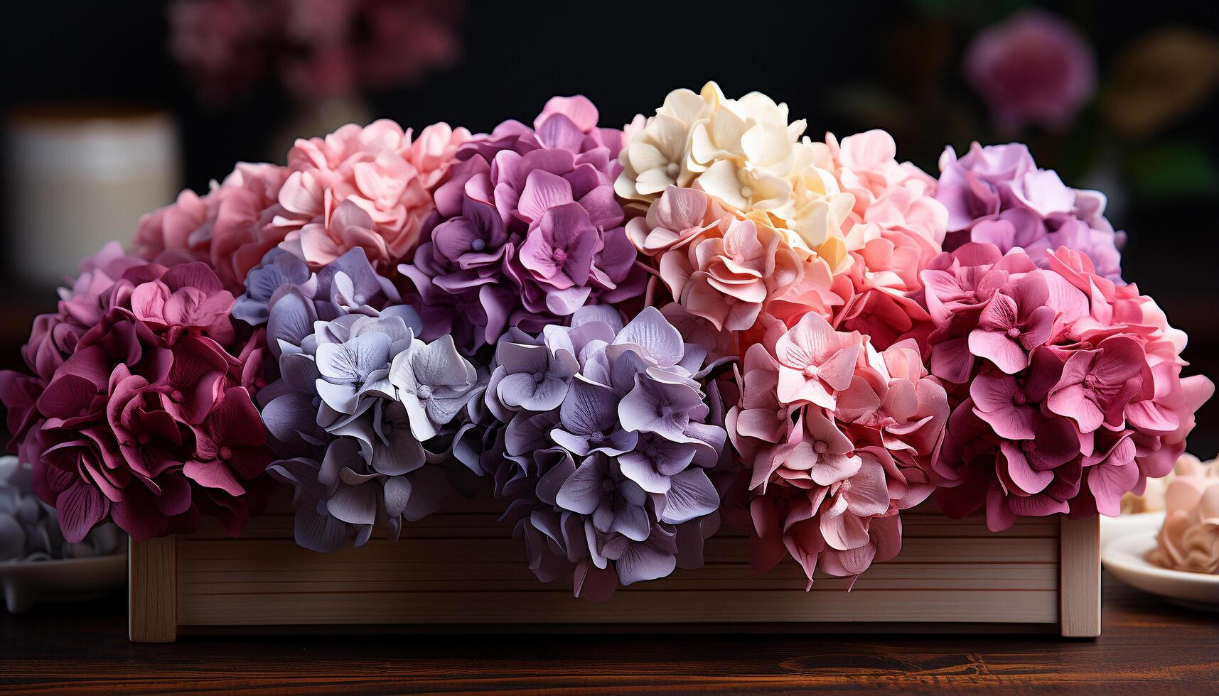 ai generado un rústico florero sostiene un manojo de rosado hortensias generado por ai foto