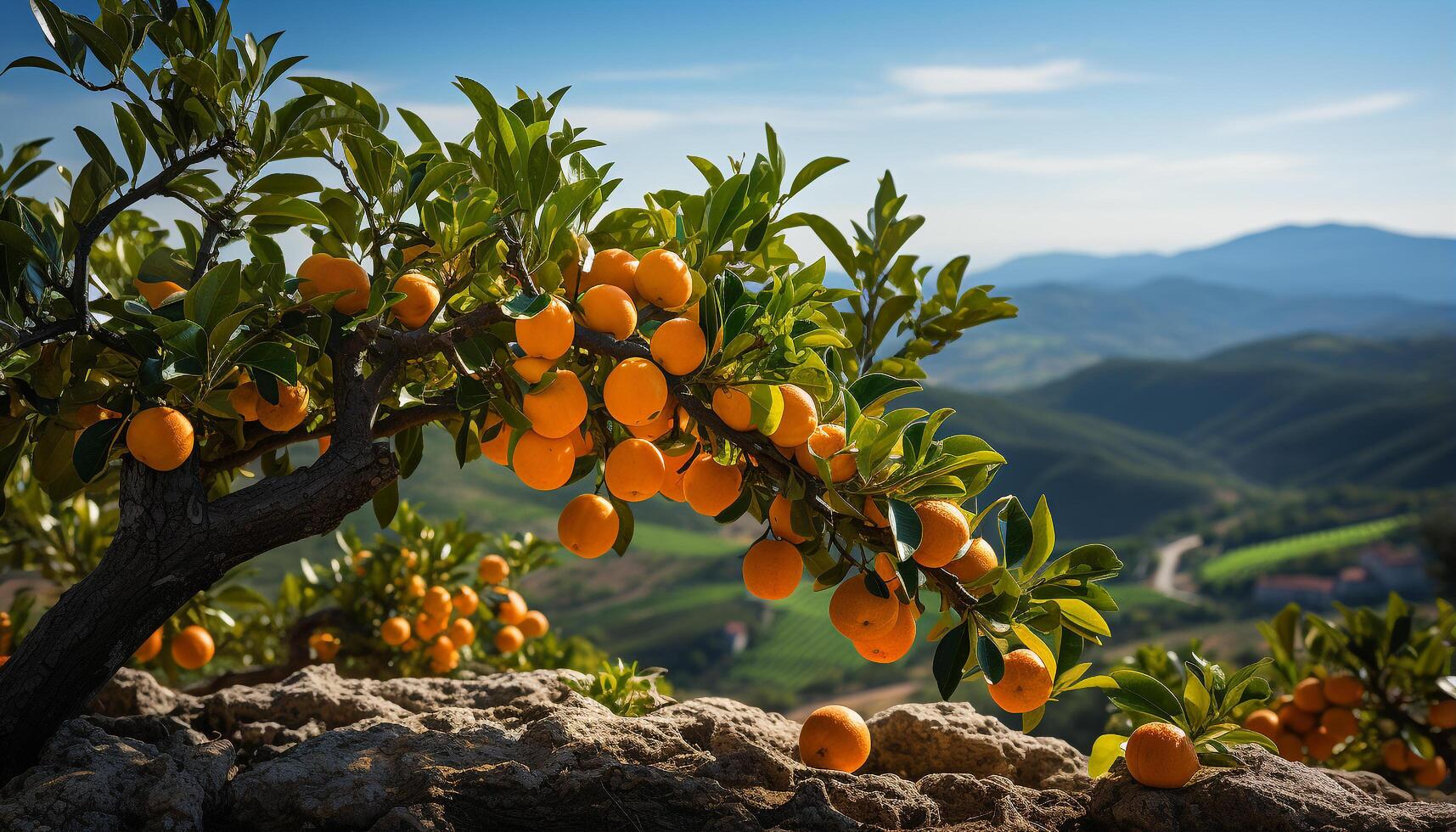 ai generado Fresco naranja Fruta en árbol en soleado huerta generado por ai foto