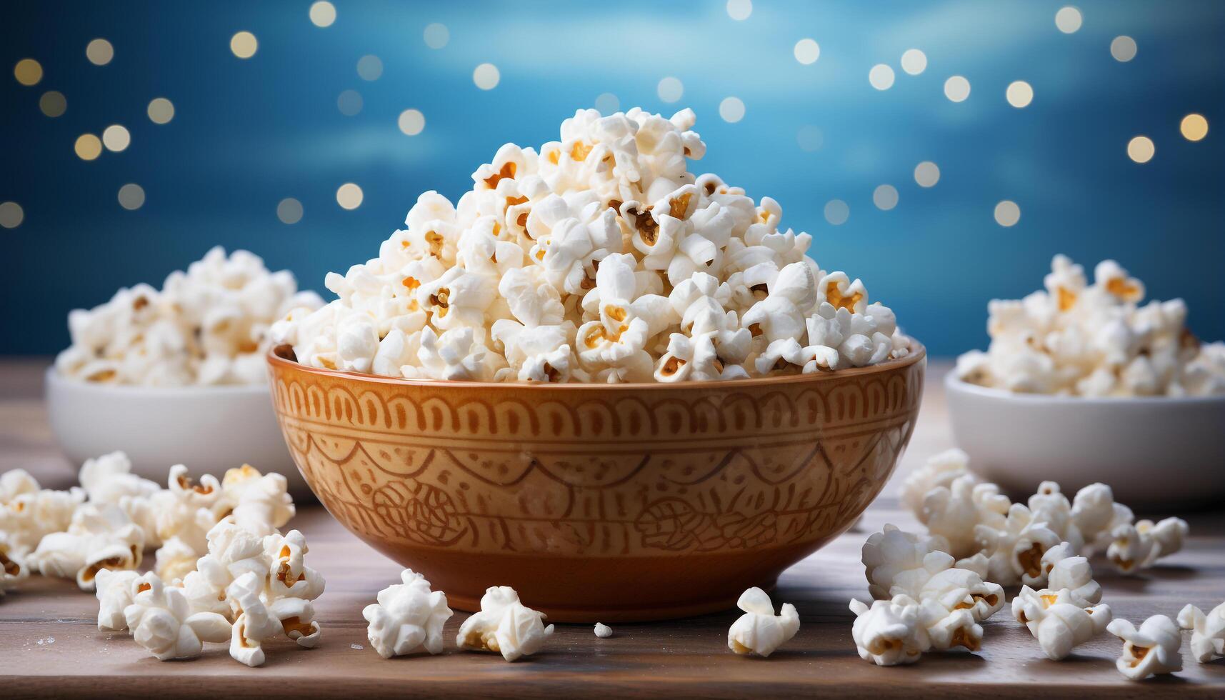 AI generated Fresh popcorn in a wooden bowl, perfect movie snack generated by AI photo