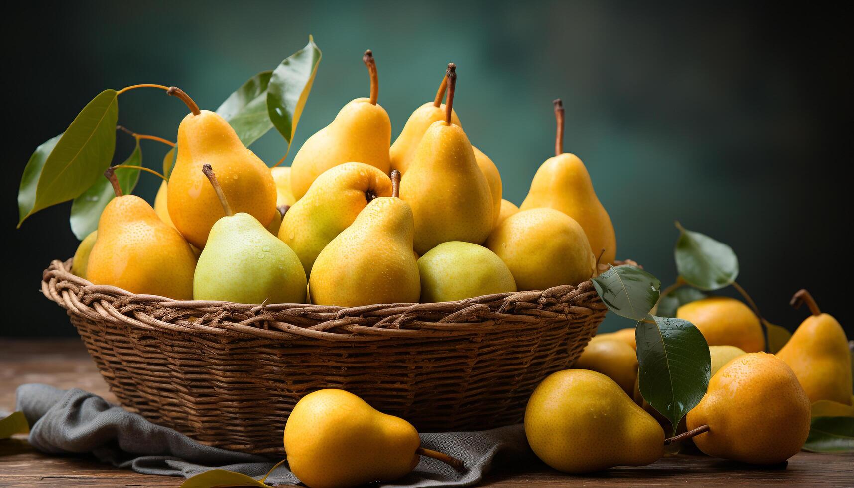 ai generado un saludable, maduro Fruta cesta en un de madera mesa generado por ai foto