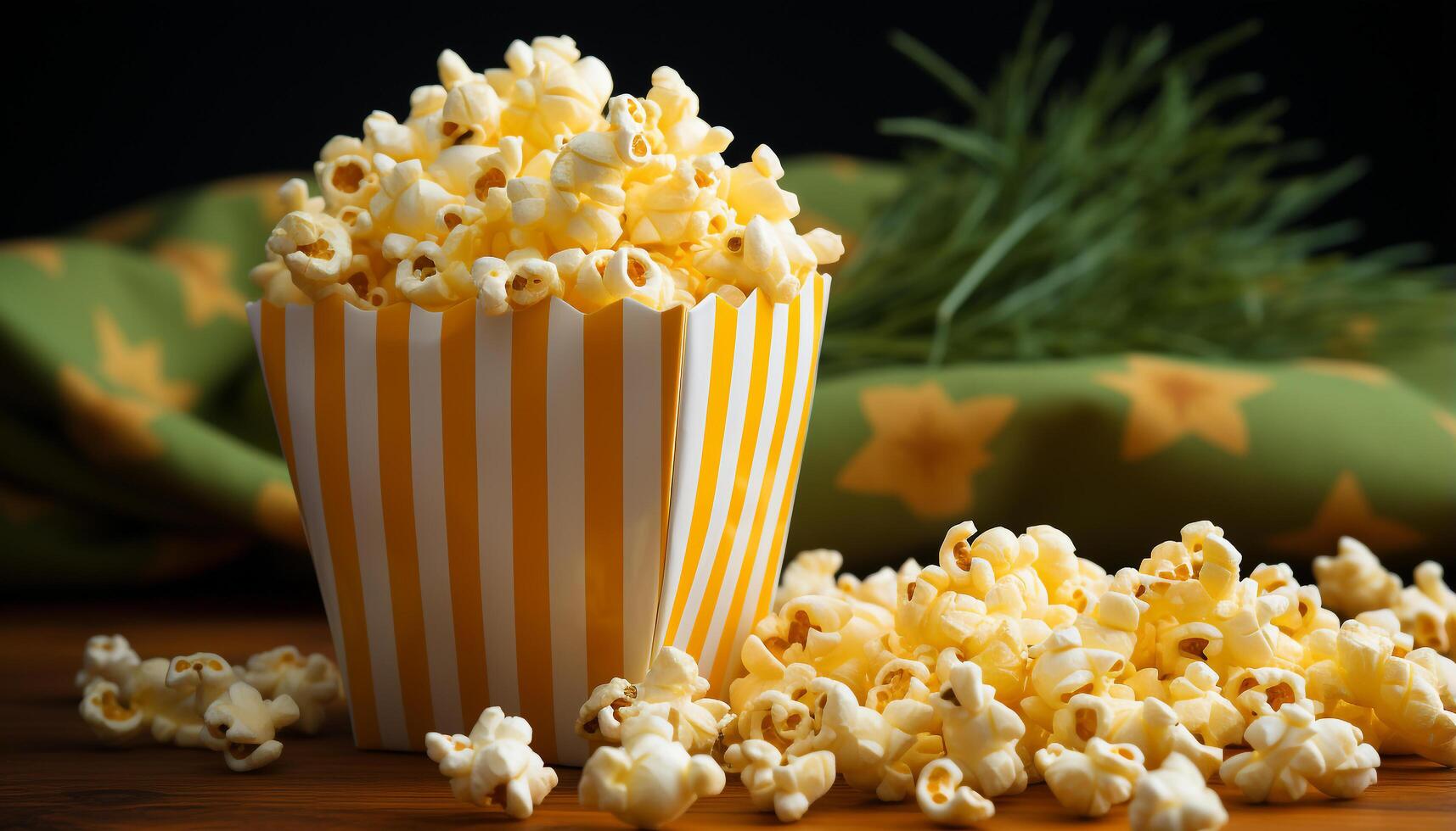 AI generated Fresh popcorn in striped bucket, perfect movie theater snack generated by AI photo