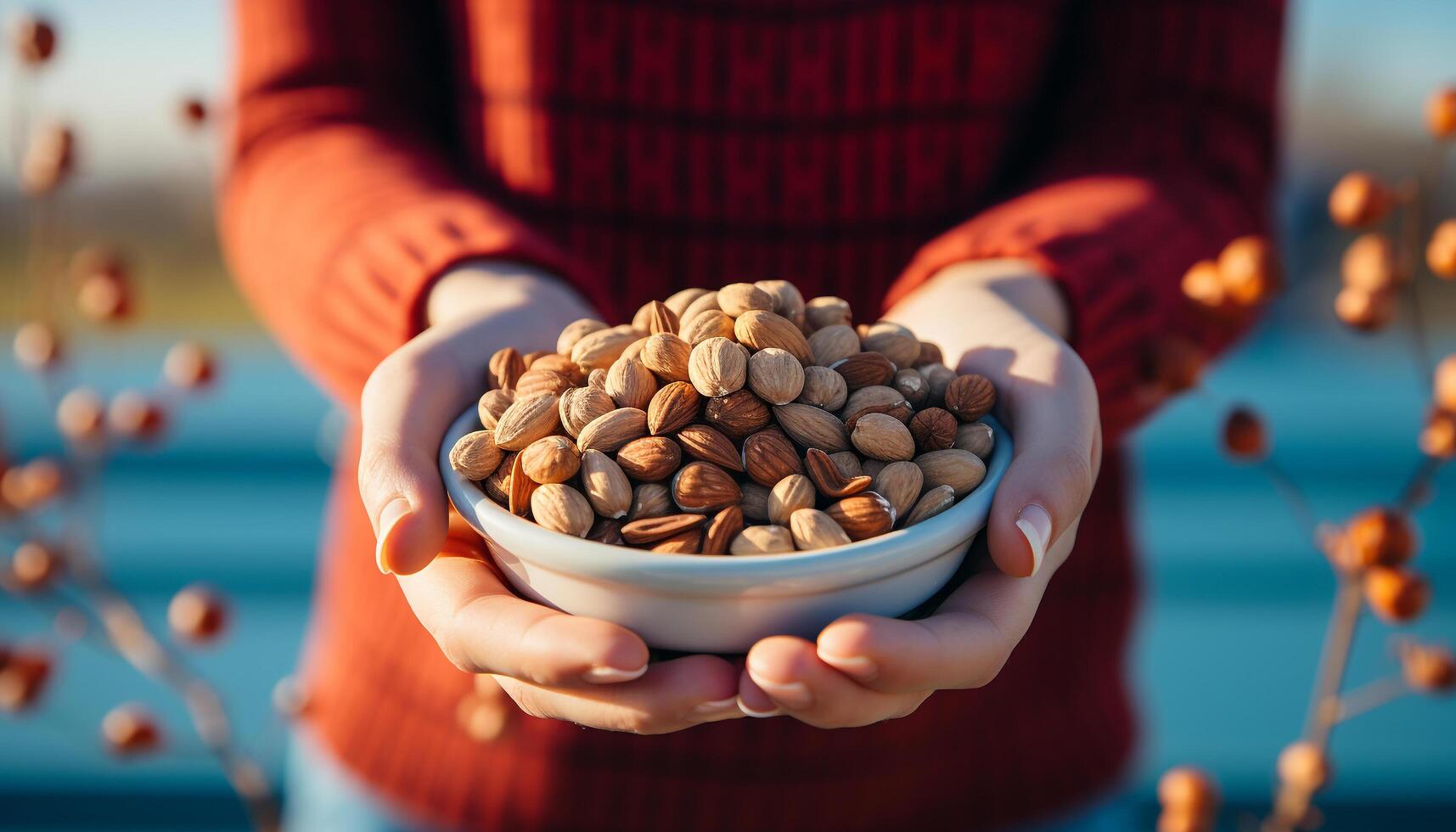 AI generated A woman hand holding a bowl of fresh autumn fruit generated by AI photo