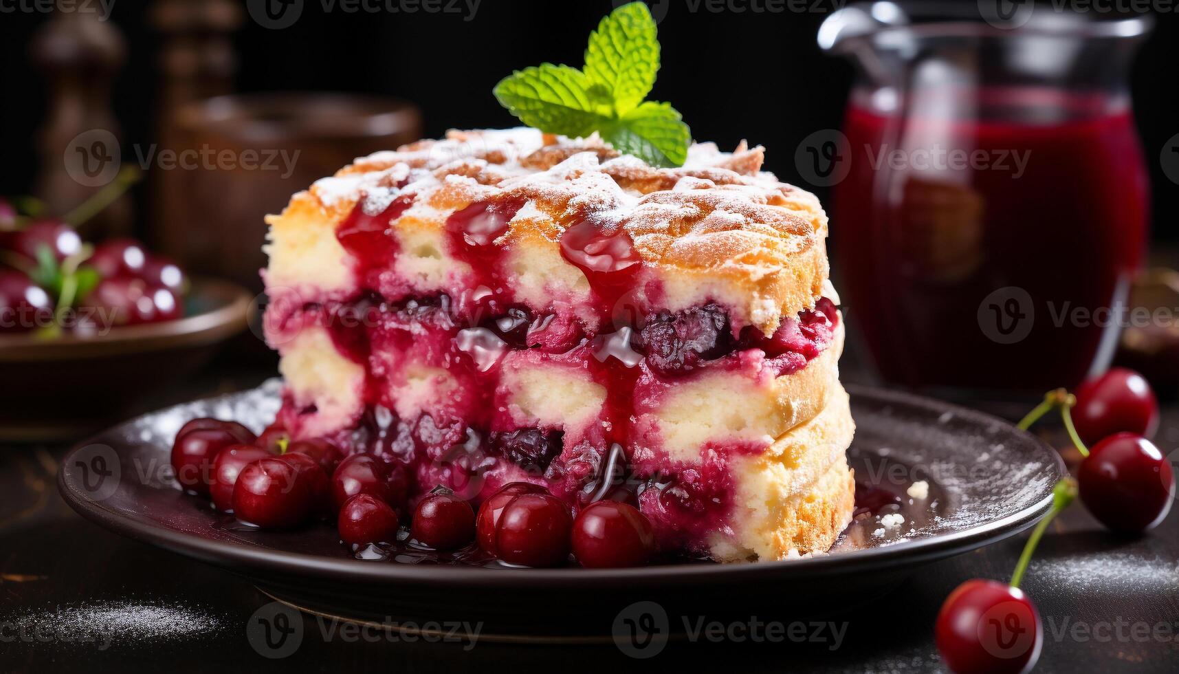 AI generated Homemade berry cheesecake on rustic wood plate, indulgent summer dessert generated by AI photo