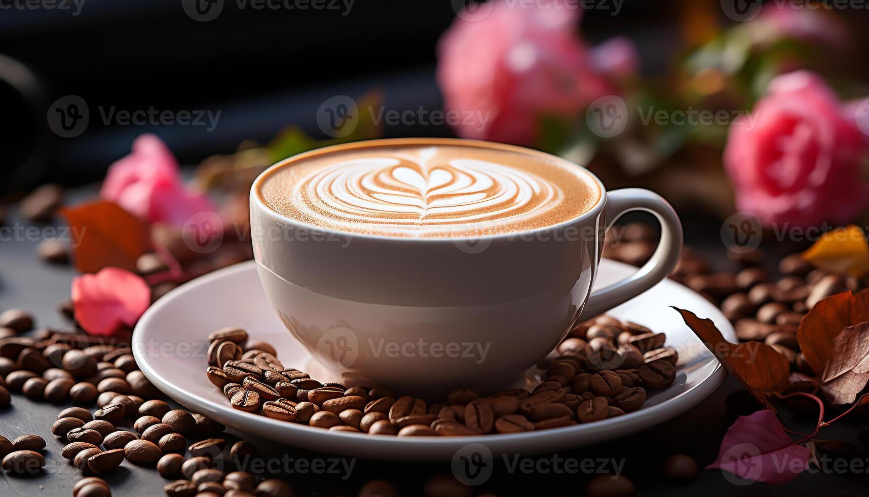 AI generated Coffee cup on table, freshness in backgrounds, heat of caffeine generated by AI photo