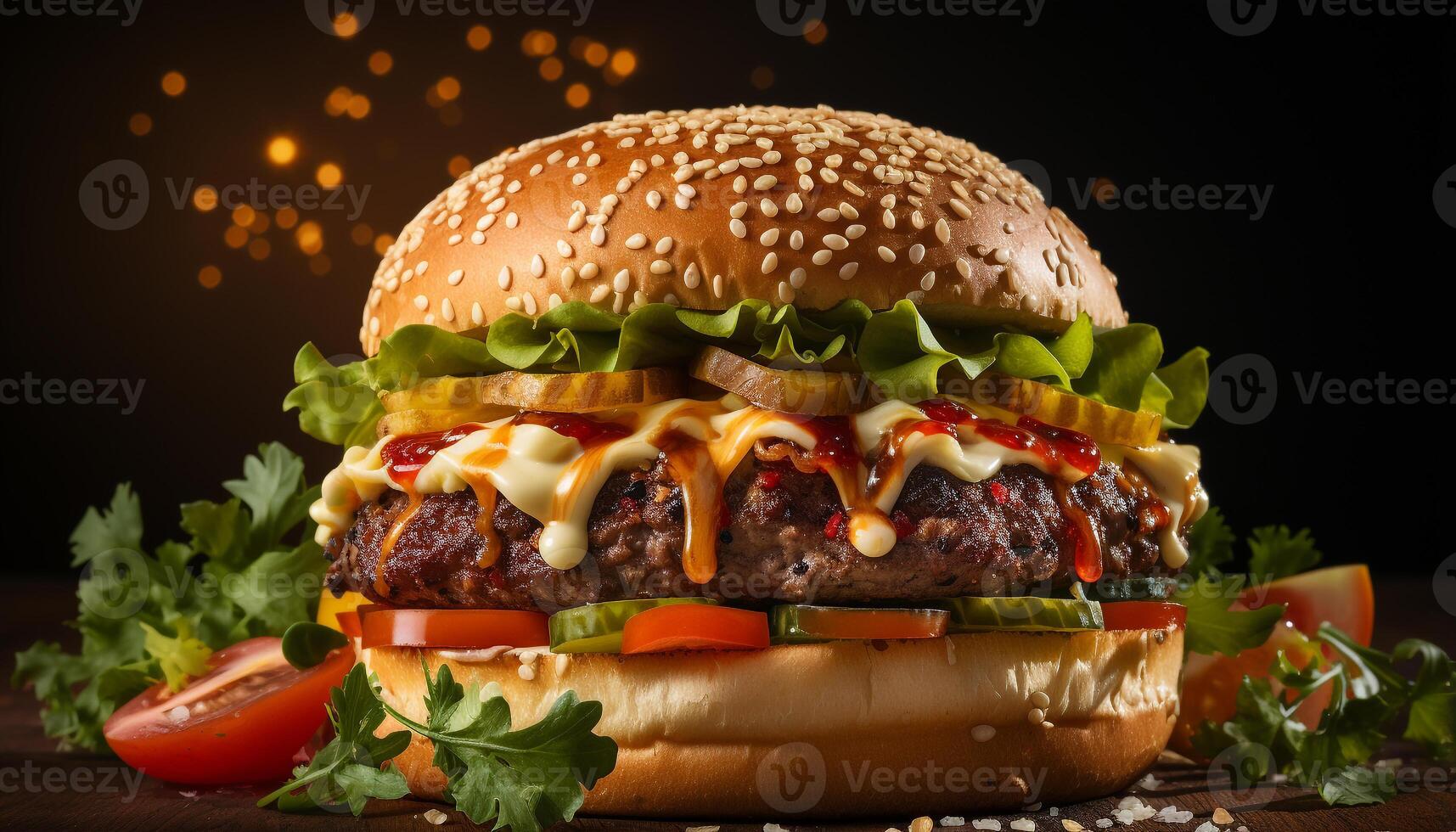 AI generated Grilled burger, cheese melting, homemade, rustic, unhealthy eating generated by AI photo