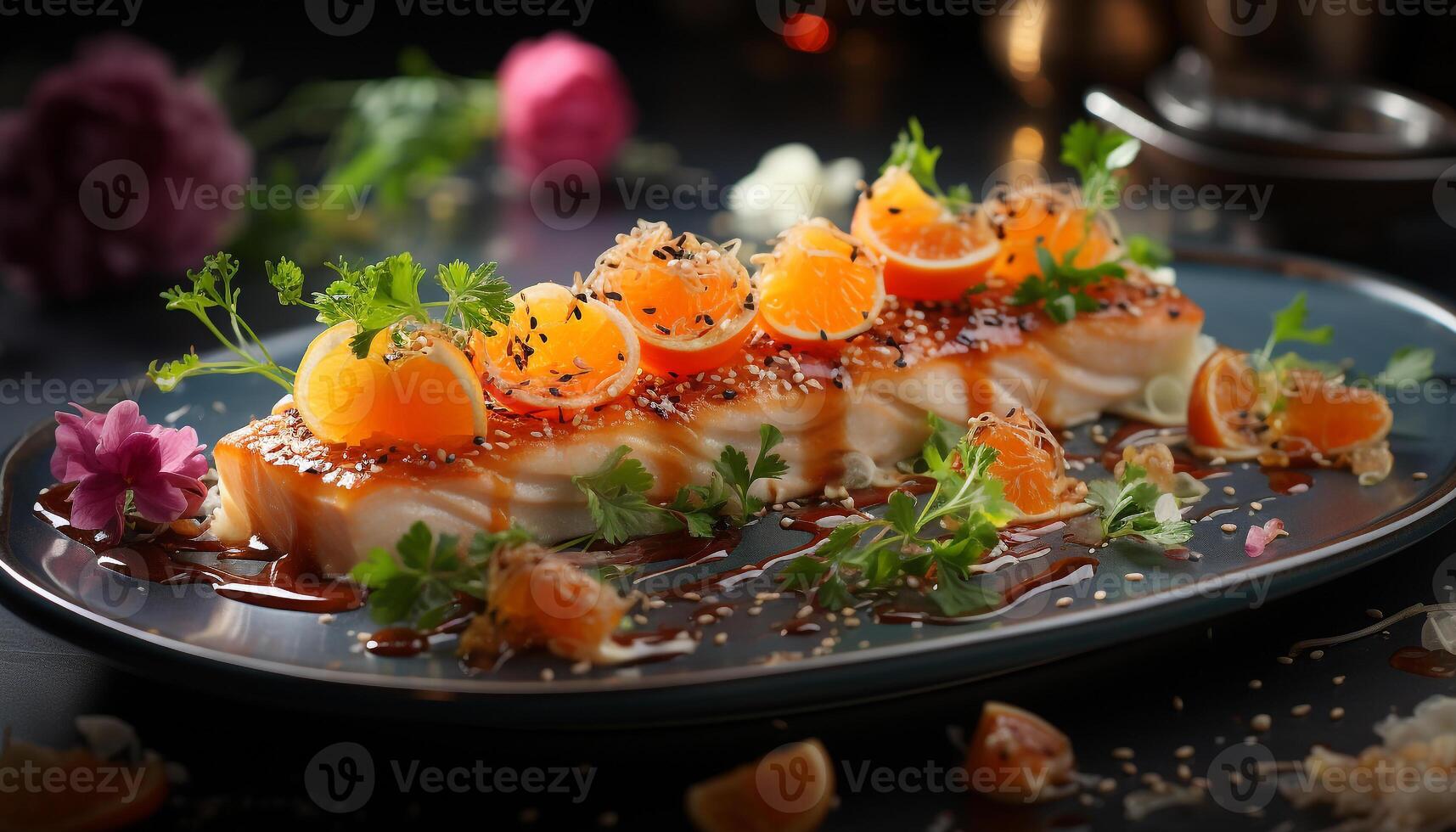 AI generated Freshness on plate seafood, meat, vegetable, grilled, cooked generated by AI photo