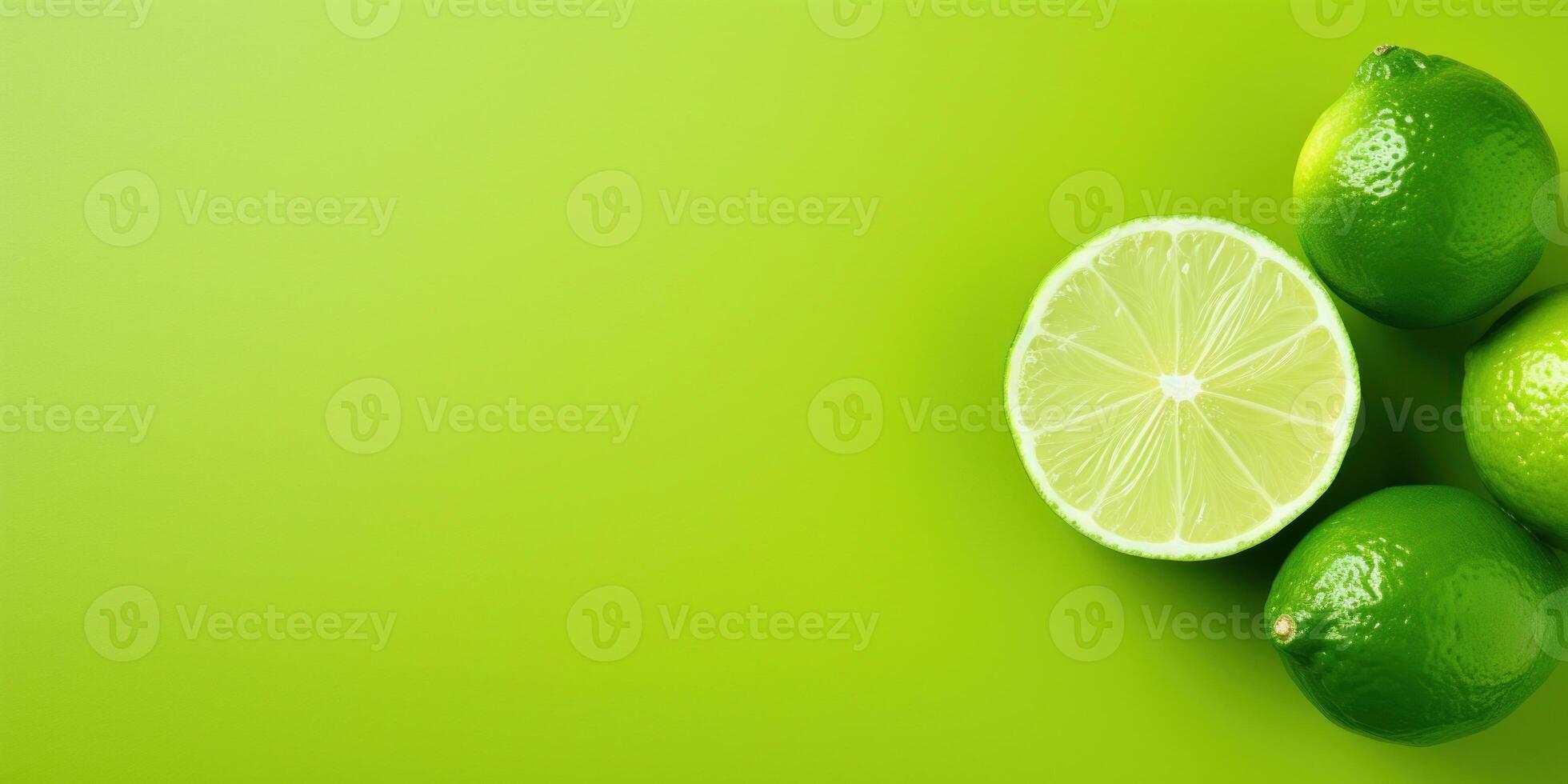 AI Generated Fresh Lime Halves and Whole on a Lime Green Background. Sour Fruits, Refreshment Concept. Generative AI photo