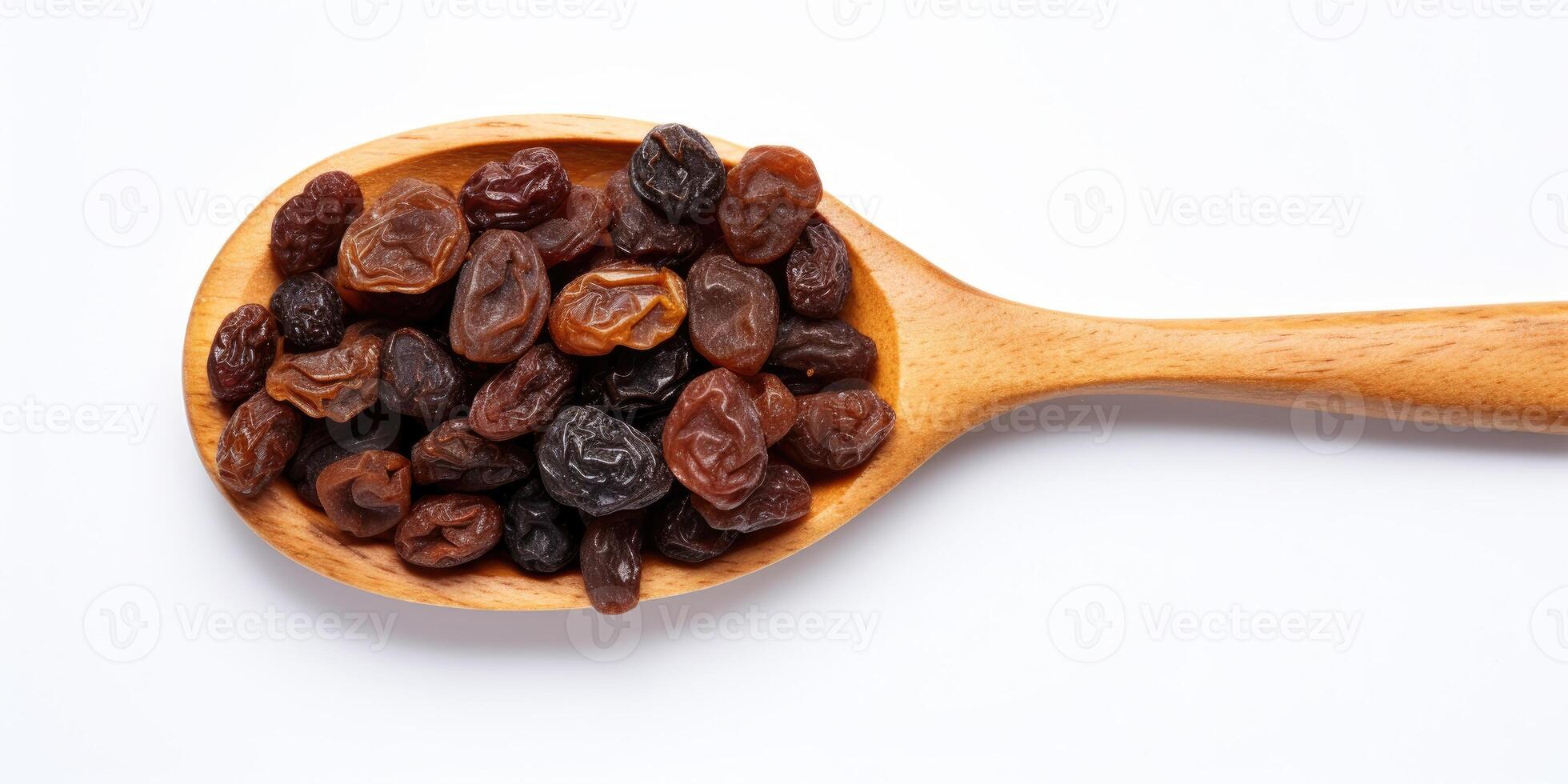 AI Generated Raisin Pile In Wooden Spoon On White Background. Organic Dry Snack. Top View Of Dried Grape Heap. Healthy Dehydrated Food photo