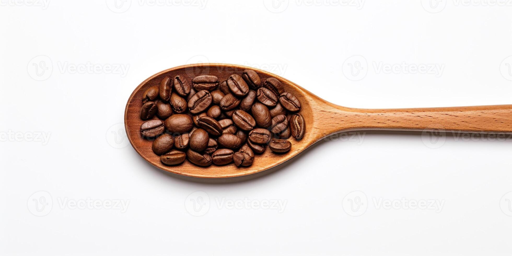 AI Generated Coffee Seed Heap In Wooden Spoon On White Background. Top View Of Pile Roasted Coffee Beans. Fresh Natural Aroma Drink photo