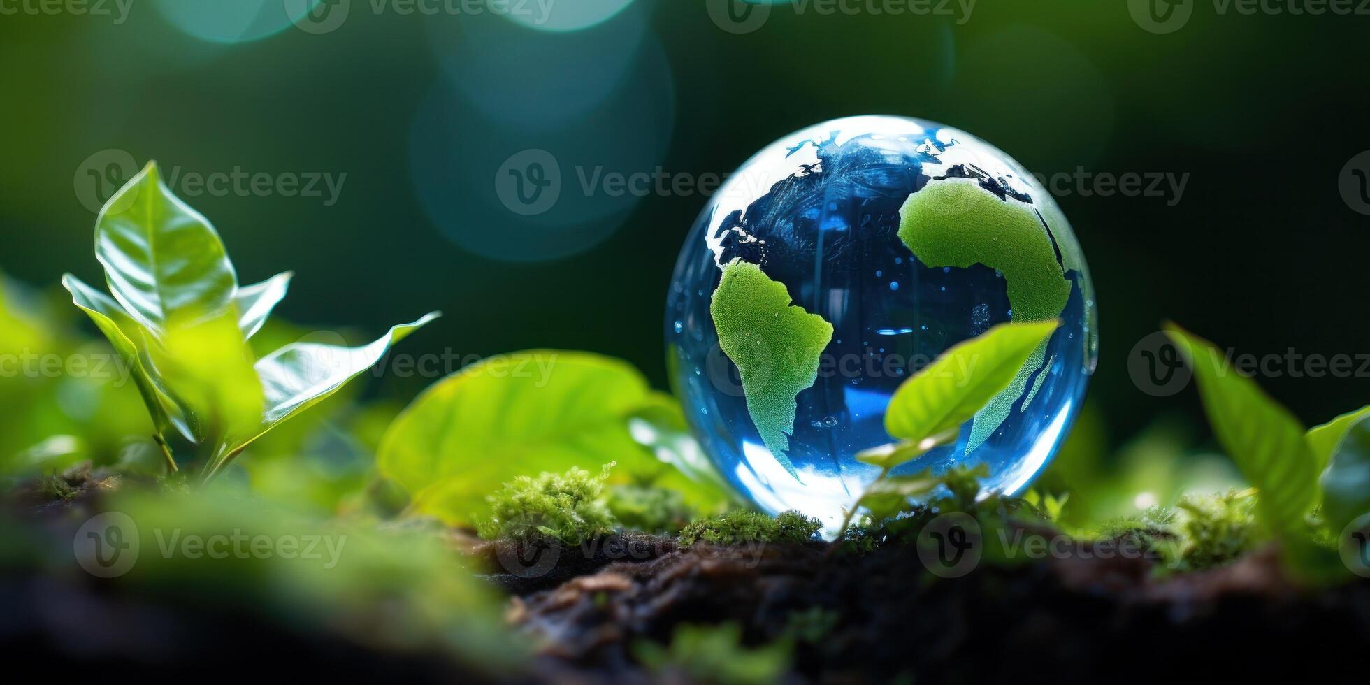 AI Generated Transparent Globe with Green Leaves, Sustainability On Earth. Close-Up Of Glass Planet. Generative AI photo