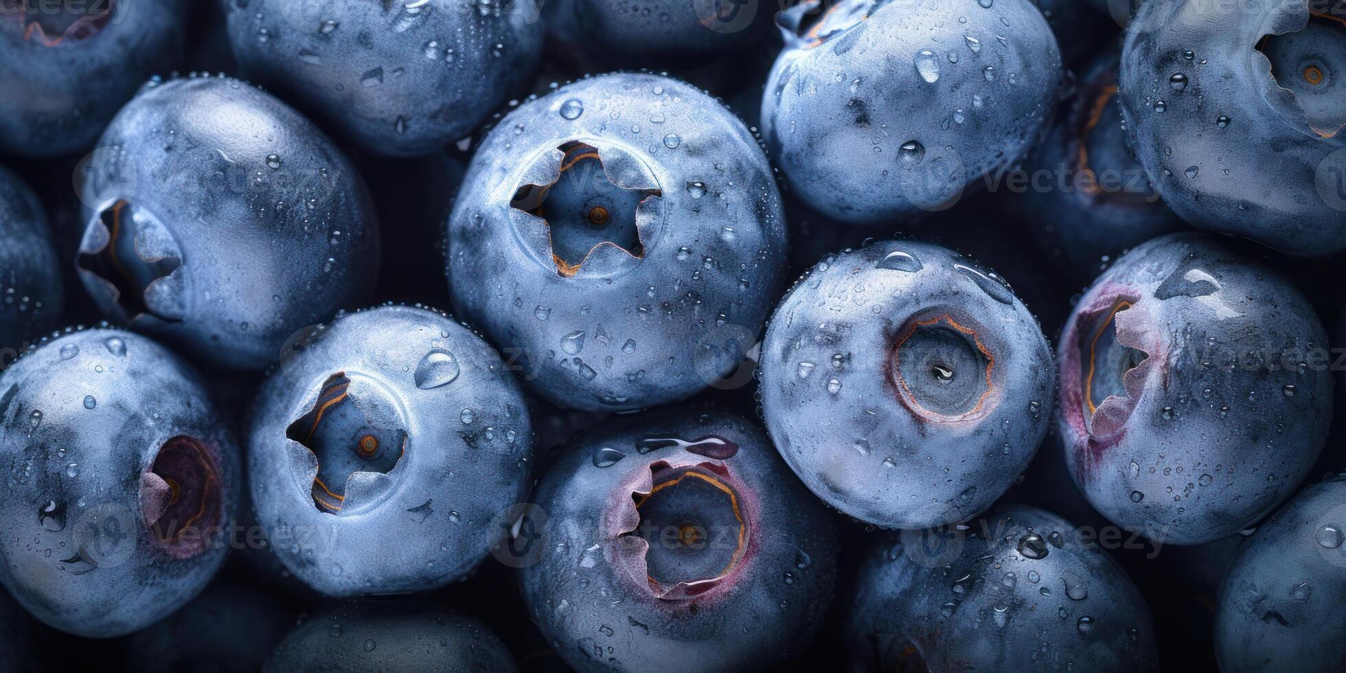 AI Generated Closeup of Frozen Blueberries Pile. Fresh Cold Berries. Generative AI photo