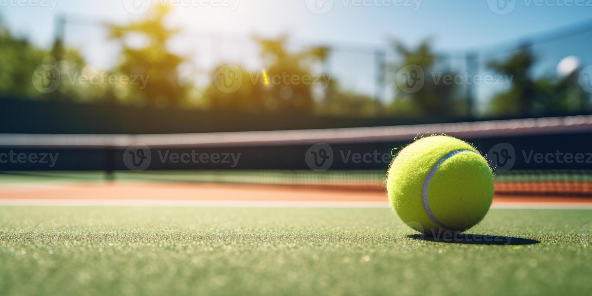 AI Generated Closeup of a Yellow Ball on Green Court. Sport Equipment for Tennis Game. Outdoor Recreation. Healthy Lifestyle on the Sunny Day photo