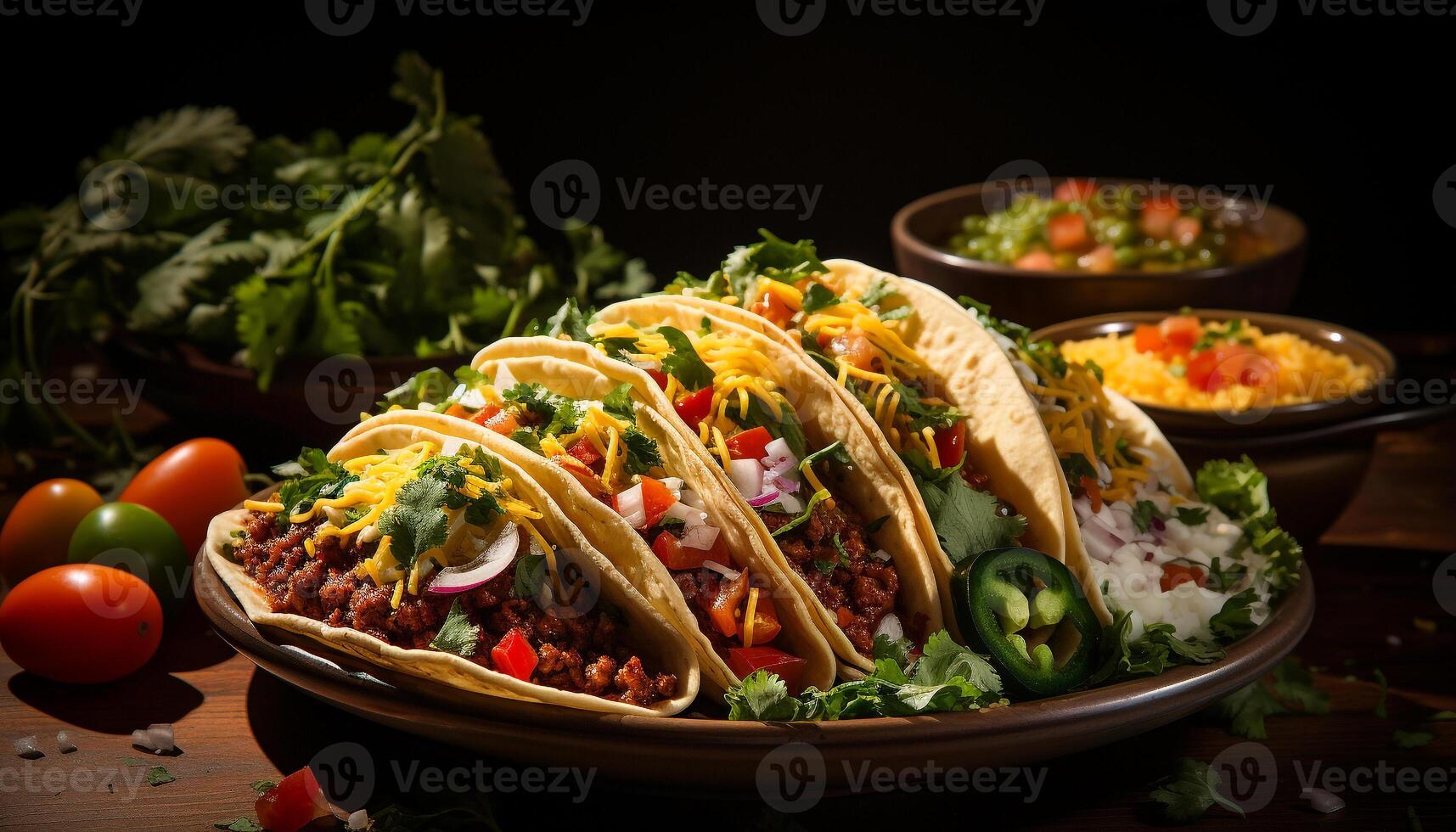 AI generated A gourmet Mexican beef taco with fresh guacamole and cilantro generated by AI photo