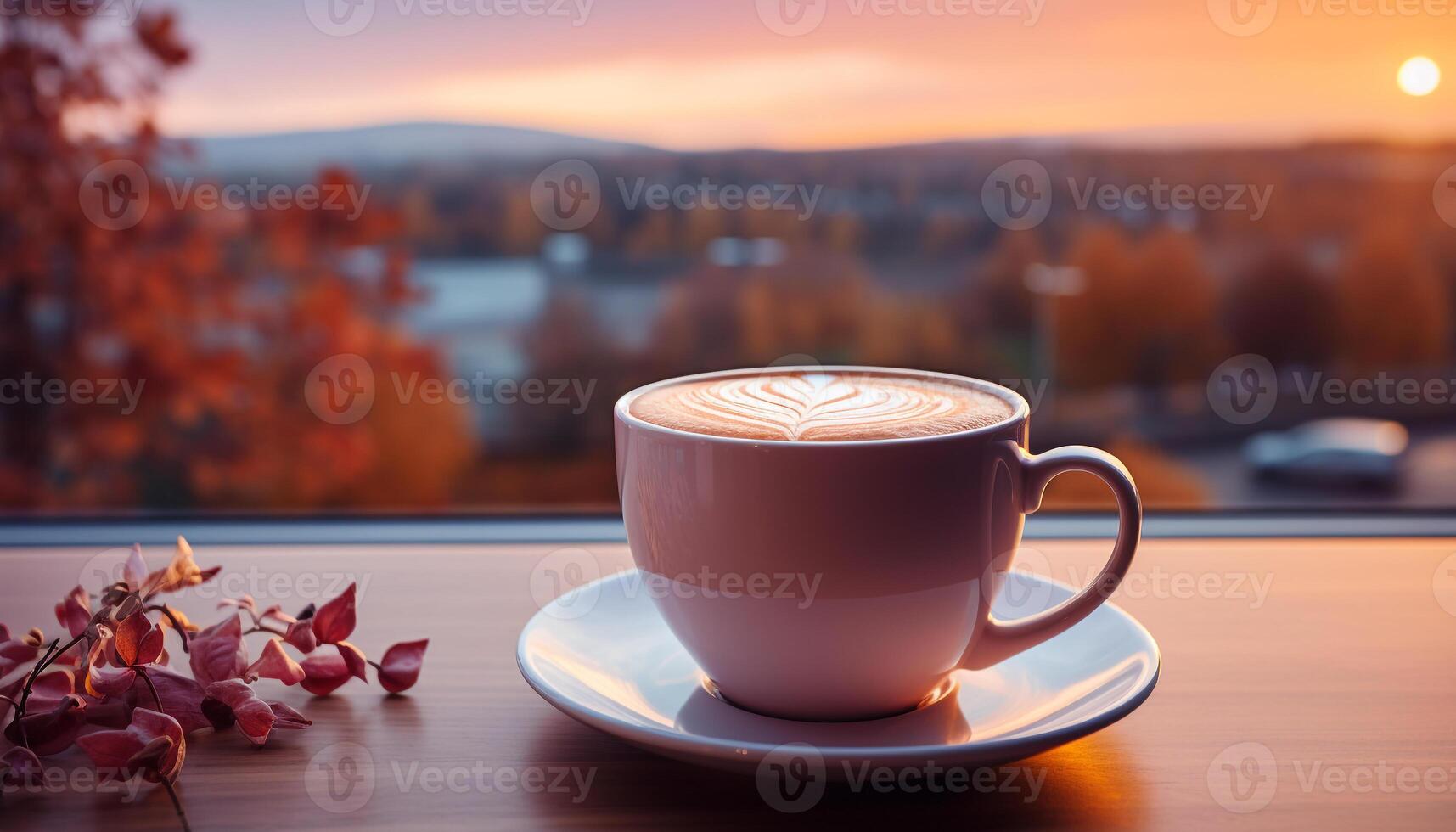 ai generado café taza en de madera mesa, paisaje urbano fondo, Fresco y caliente generado por ai foto