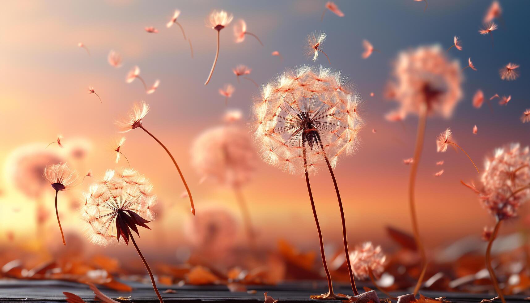 AI generated Fluffy dandelion seed in sunset, nature abstract beauty generated by AI photo