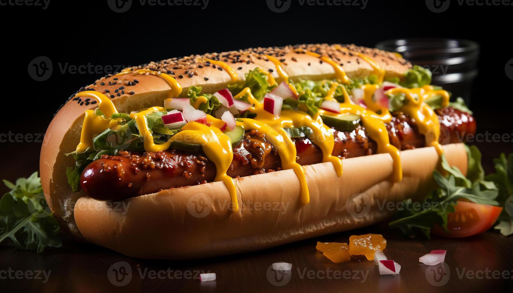 AI generated Grilled hot dog on bun, topped with ketchup and onion generated by AI photo