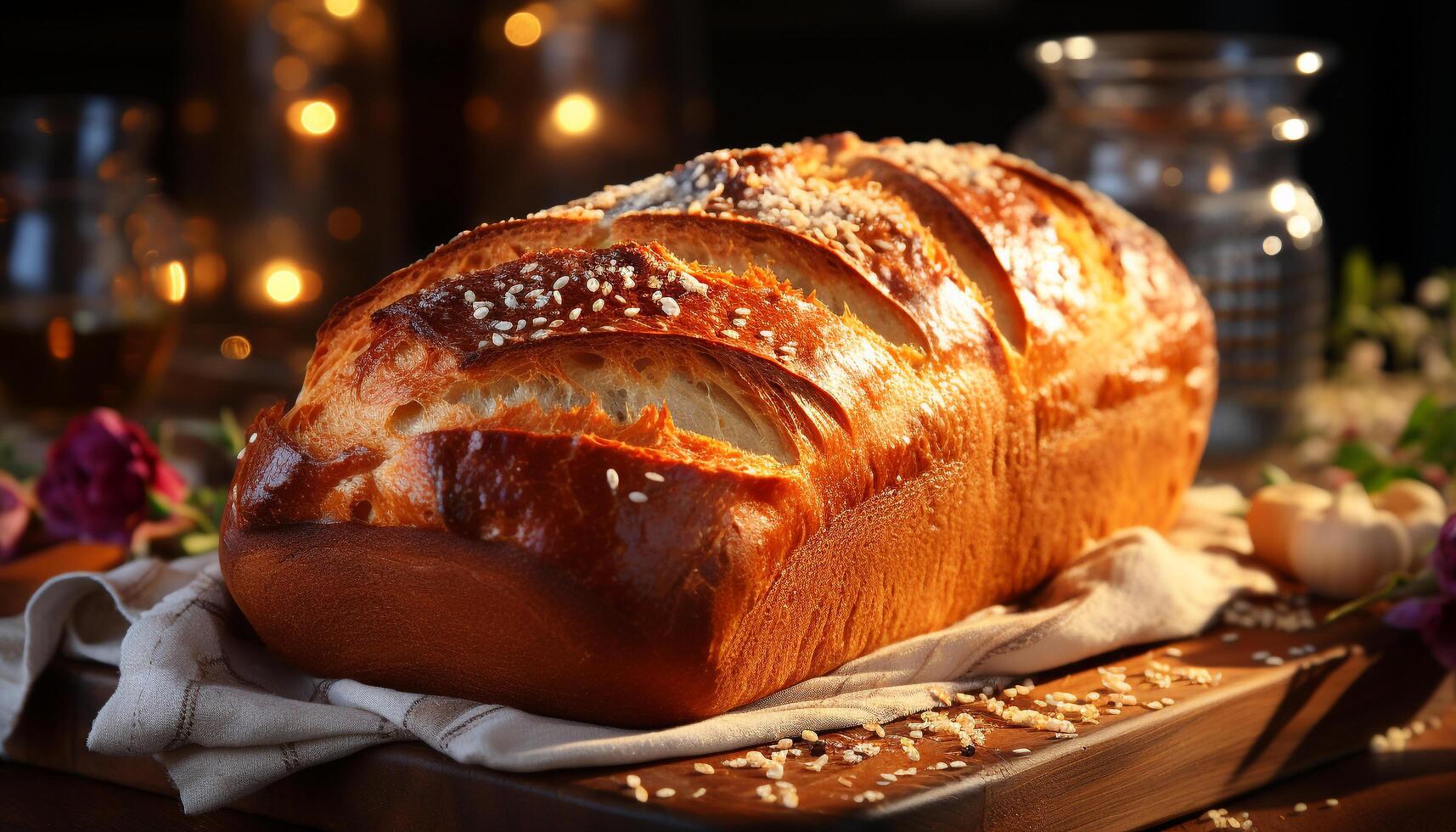 AI generated Freshly baked homemade bread on rustic wooden table generated by AI photo