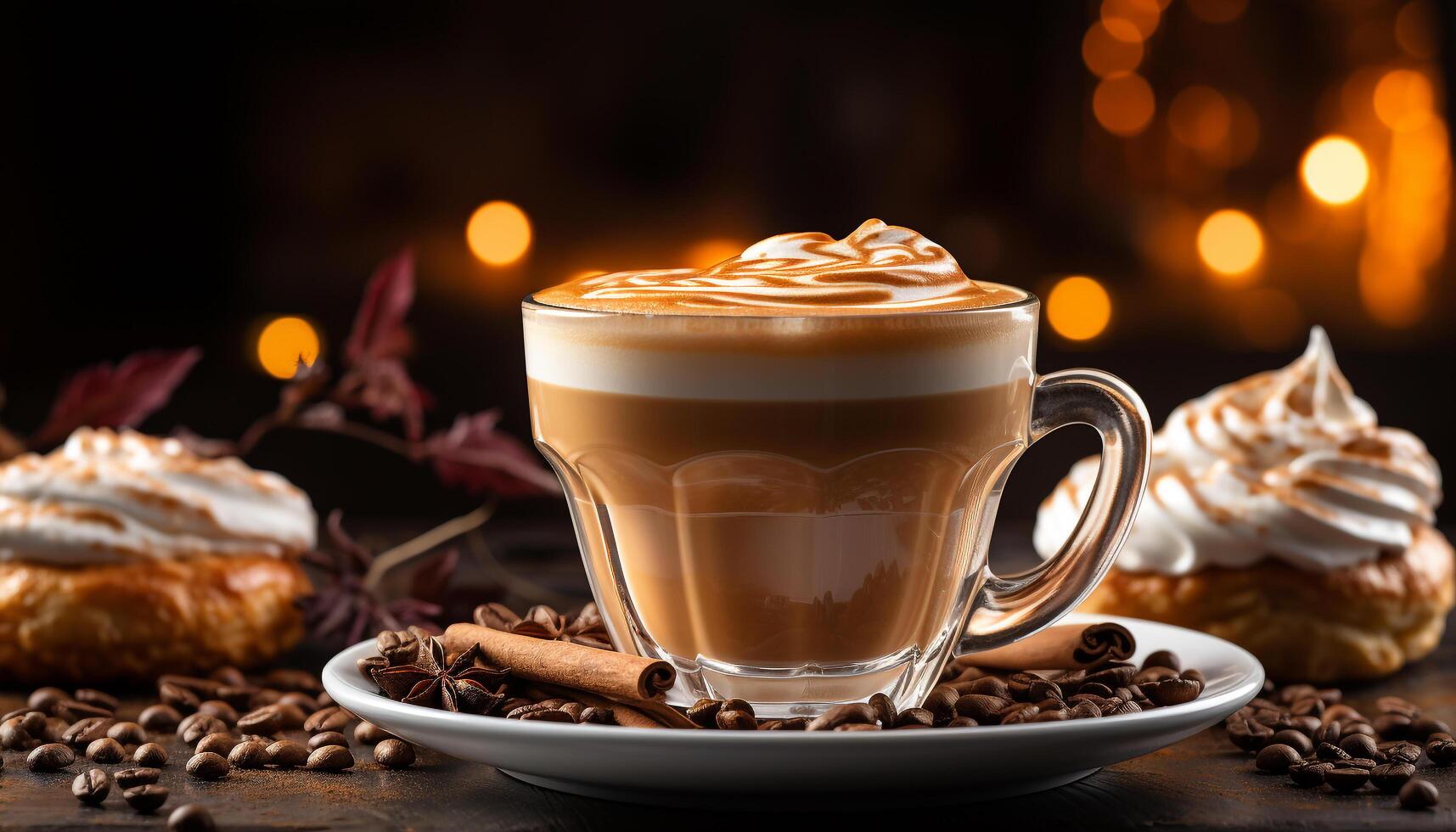 AI generated A frothy latte on a rustic table, a caffeine delight generated by AI photo