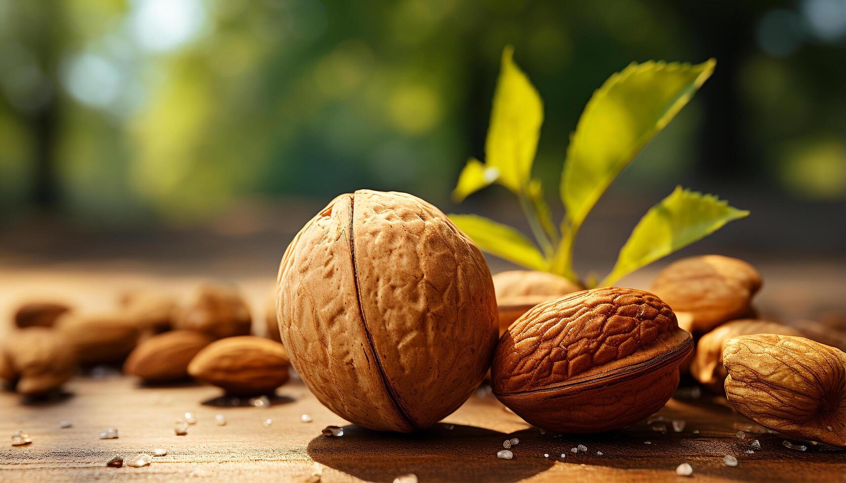 AI generated Healthy eating Freshness in a nutshell, walnut snack on wood generated by AI photo