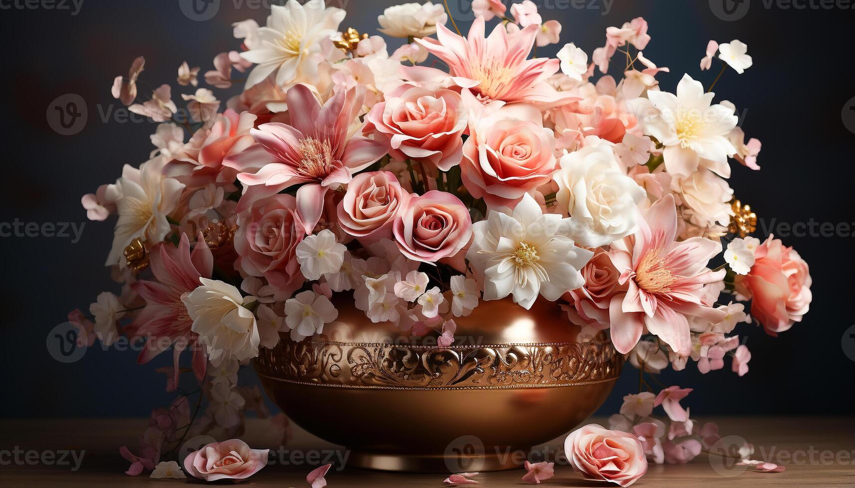 AI generated A rustic bouquet of pink flowers on a wooden table generated by AI photo