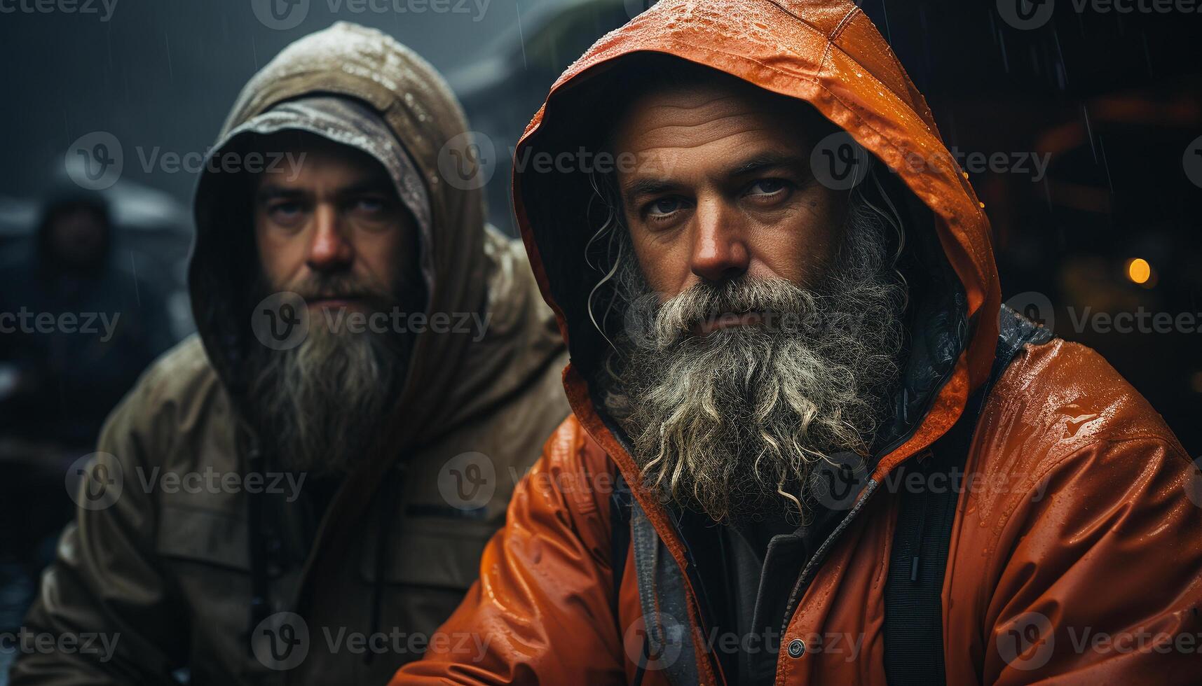 AI generated Two men, one young and one senior, looking serious outdoors generated by AI photo