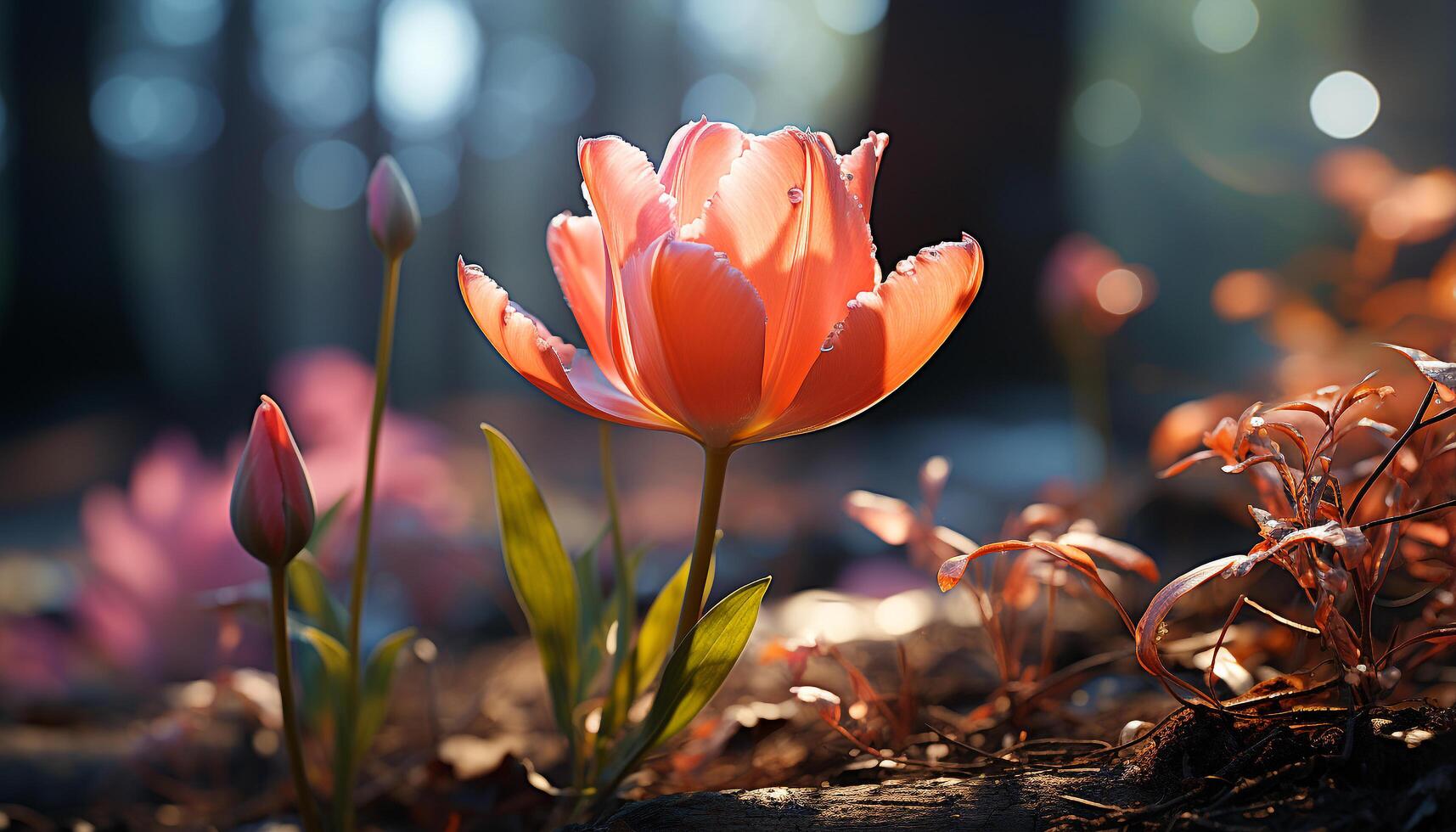 AI generated A vibrant bouquet of multi colored tulips brightens the meadow generated by AI photo