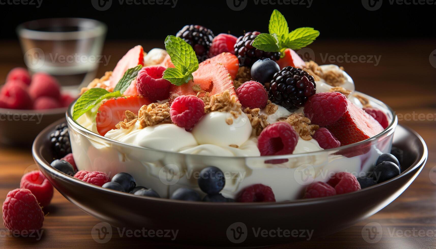 AI generated Fresh berry parfait with Greek yogurt, granola, and mint leaf generated by AI photo