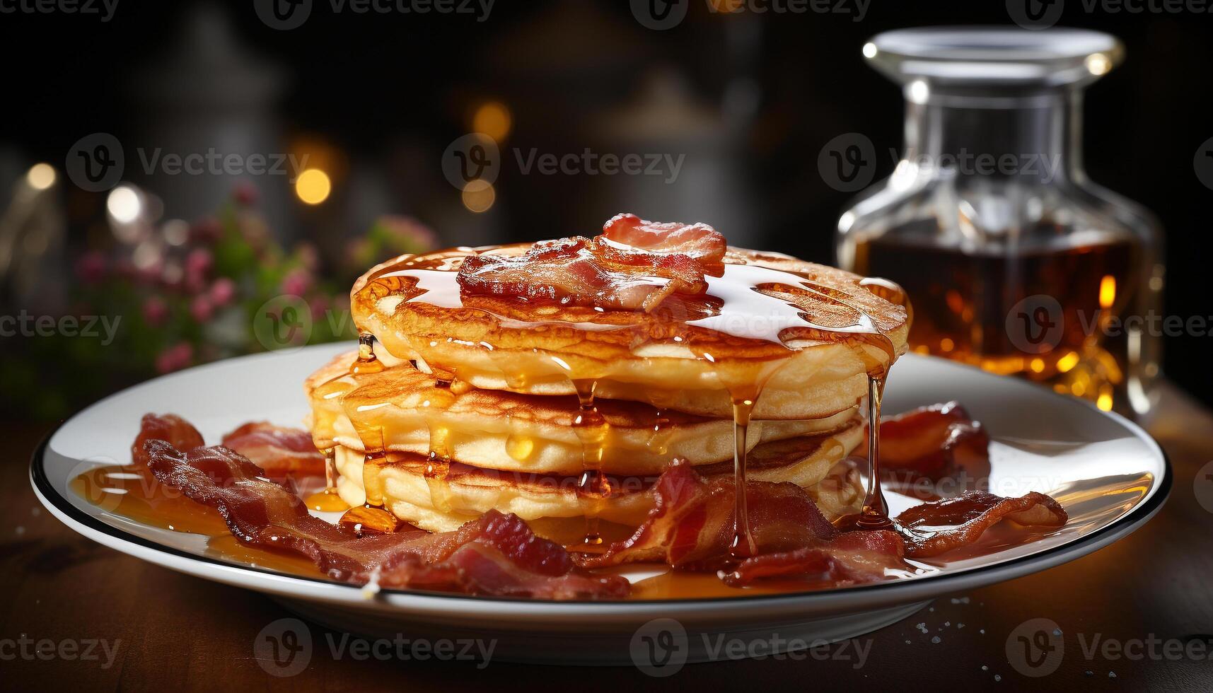 AI generated Freshly baked pancakes stacked on a wooden table with syrup generated by AI photo
