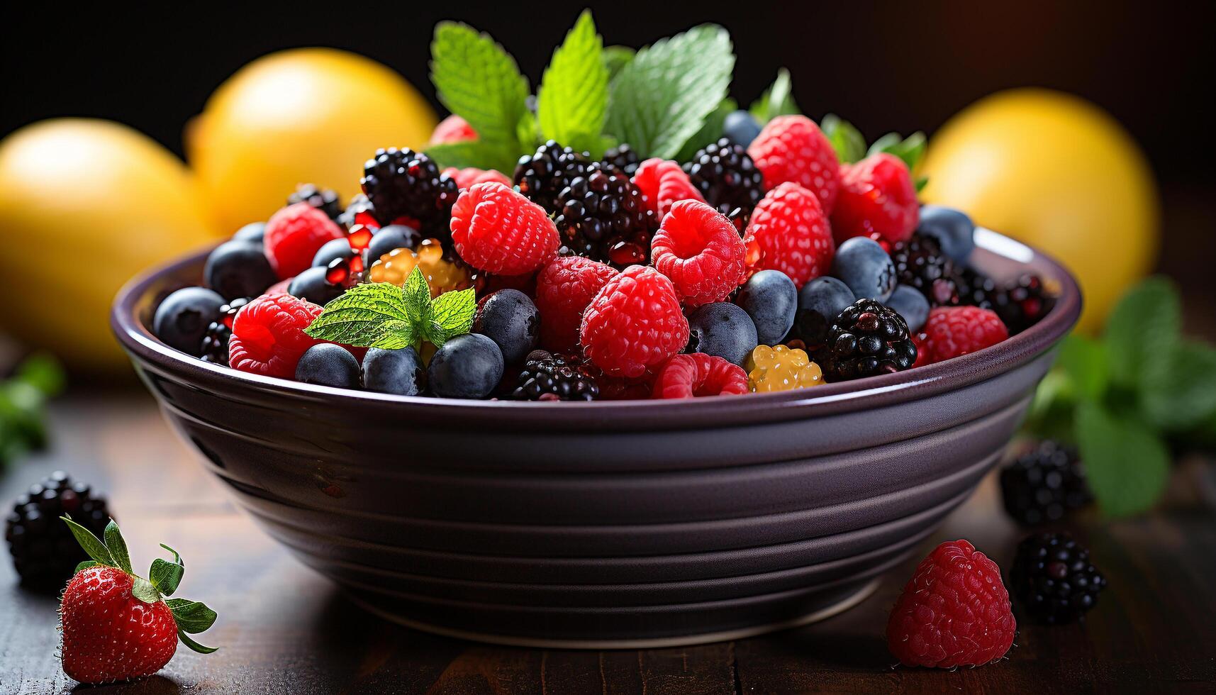 AI generated Freshness and sweetness in a bowl of berry fruit generated by AI photo